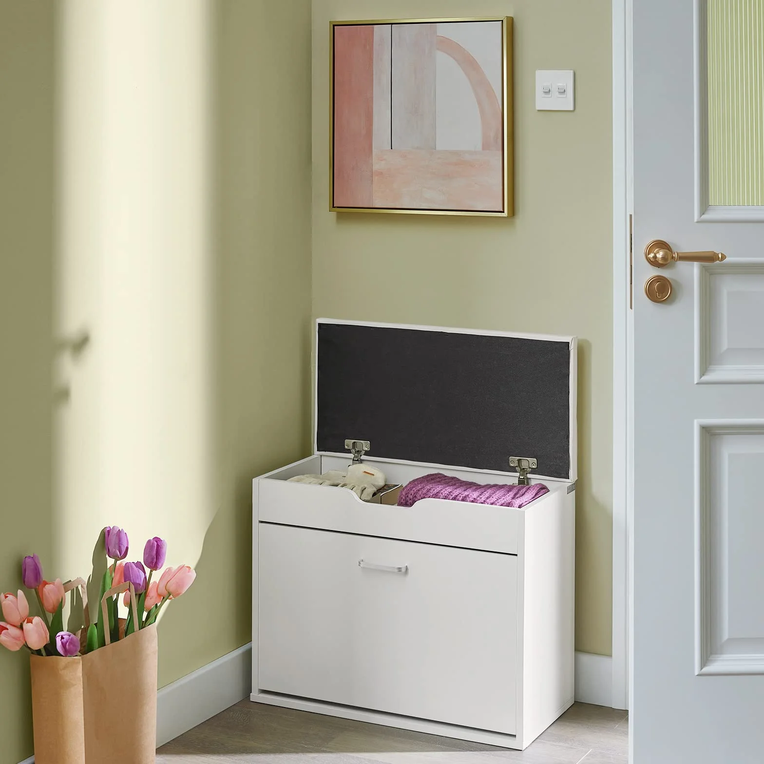 SoBuy Scarpiera Salvaspazio Slim Ingresso– Panca Scarpiera da Ingresso con Contenitore Nascosto – Cassapanca Pieghevole per Corridoio o Camera da Letto – Bianco 60x30x50cm 120kg – FSR95-W