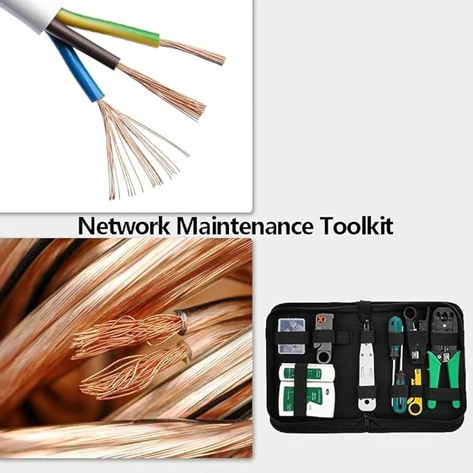 SQUADO Profesjonalny Zestaw Narzędzi do Naprawy Sieci, Tester Kabli RJ11 RJ45, Kable Patch, Czarna Torba