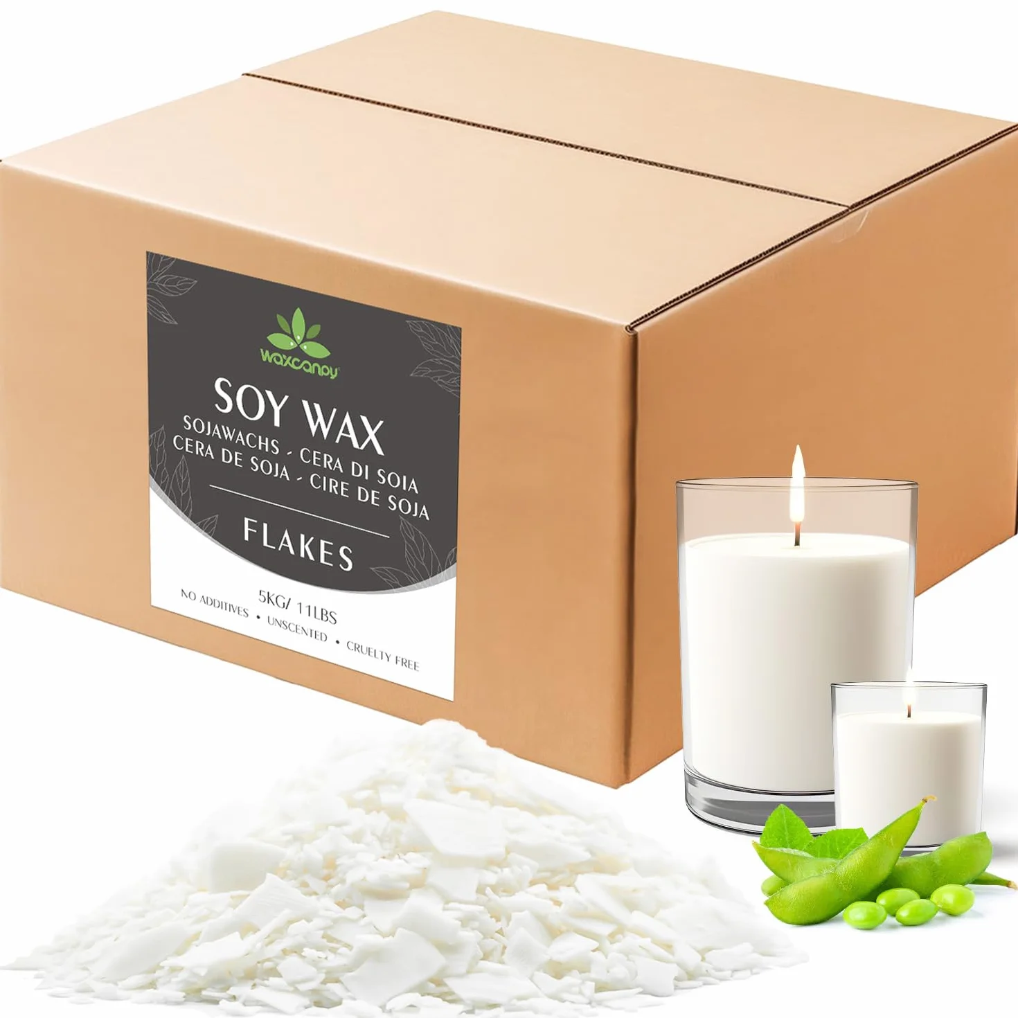 Cera di Soia per Candele 5kg, Cera Naturale Vegetale Fai da Te con Punto di Fusione Basso, Ideale per Creare Candele Fatte in Casa, 100% Naturale