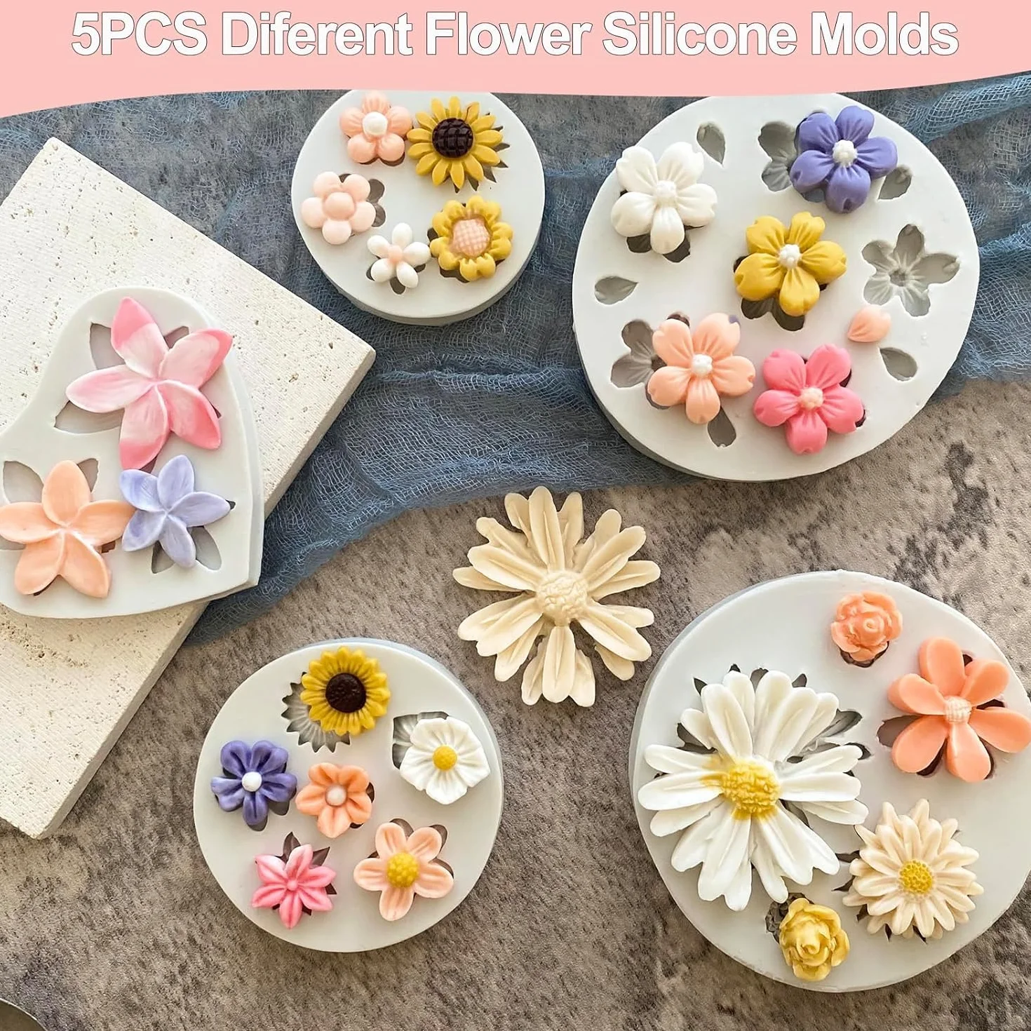 Stampo Silicone Fiori 5 Pezzi 3D Stampi Silicone Fiori Stampi in Silicone Fiori Pasta di Zucchero per Decorazione di Torte, Pasticceria, Produzione di Saponi Candele (A)