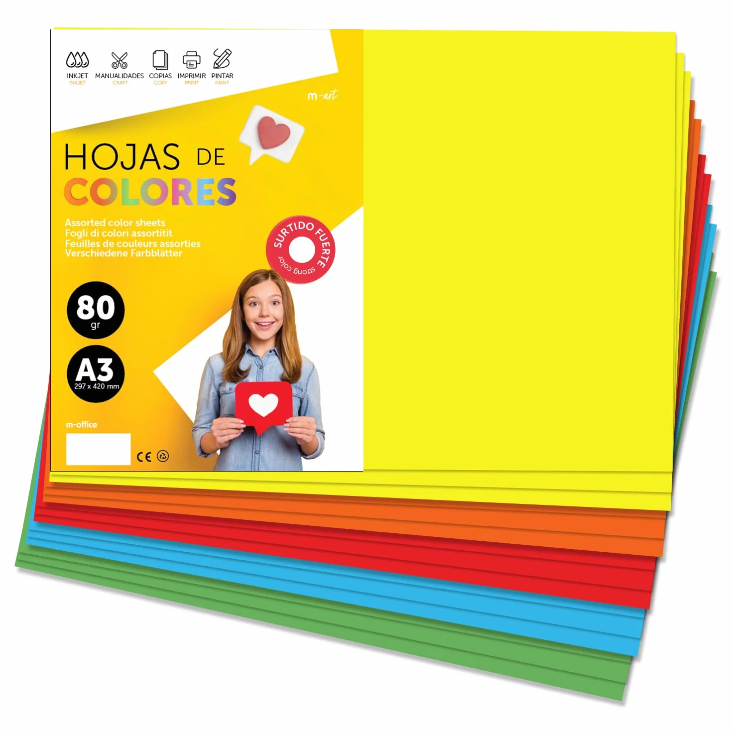 Fogli Colorati A3 80g per Stampanti e Lavoretti Manuali, Blocco di Carta Colorata Assortita per Bambini, Pacchetto di Fogli Colorati per Biglietti M-Office (50 fogli, Selezione Forte)