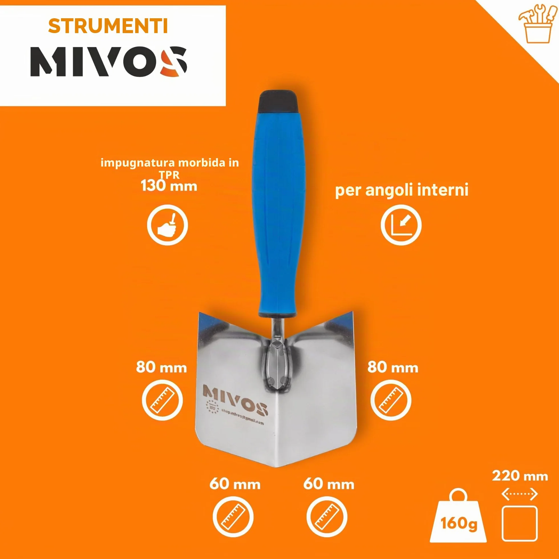 Mivos 2x Cazzuola Angolare Antiruggine 80 x 60 mm - Cazzuola Angolare Interna ed Esterna in Acciaio Inox - Spatole Angolari per Bordi Interni ed Esterni con Impugnatura Morbida - Spatola Angolare