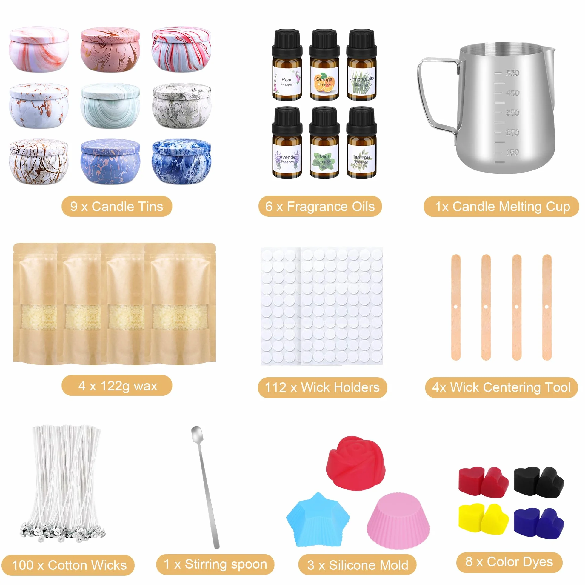 Set di Candele fai da te,Kit Candele Fai da Te per Adulti,Set di Candele Profumate con 480g Cera di soia,9 Barattoli di Candela,6 oli Profumati, 8 Blocchi di colore,DIY Set Regalo per Principianti