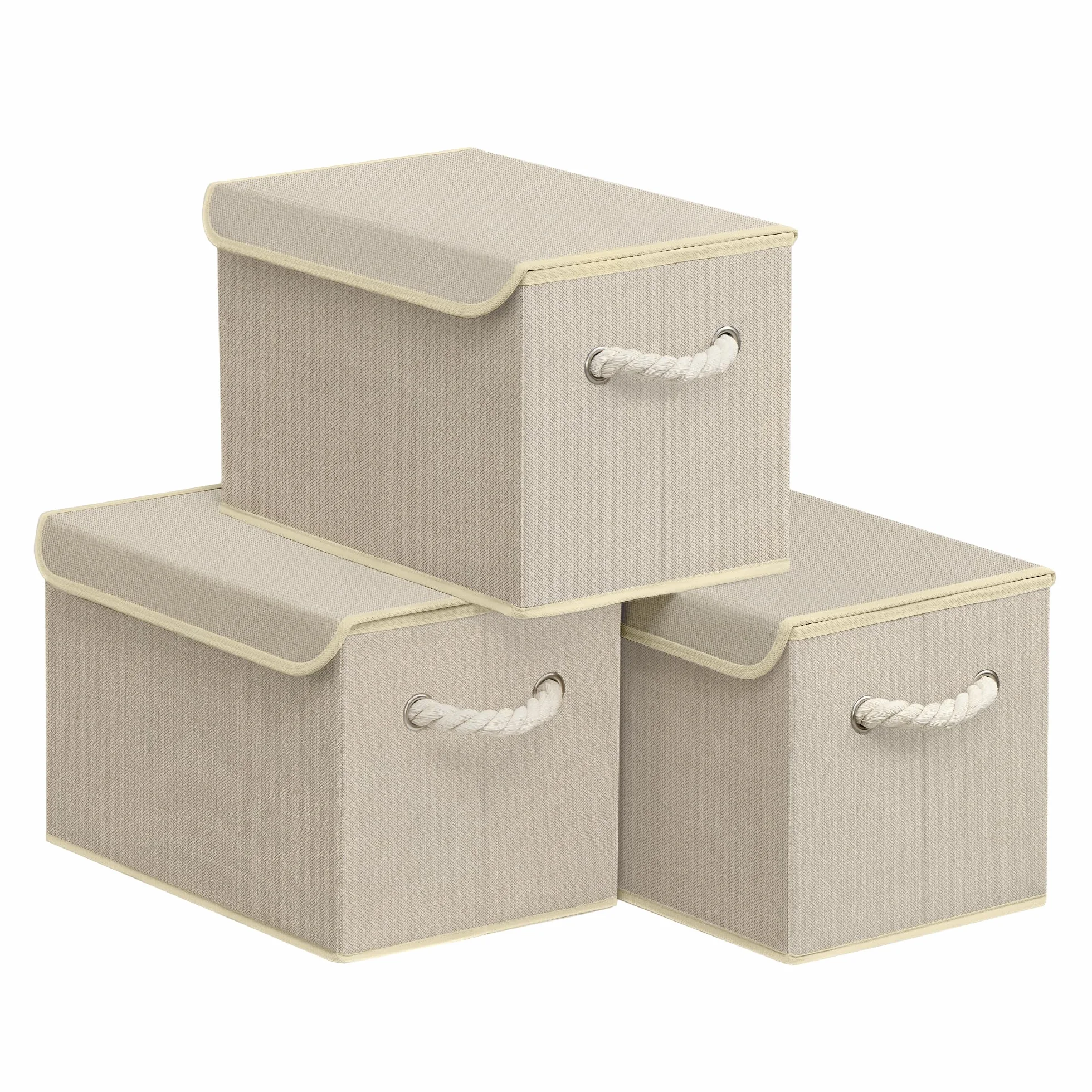 SONGMICS Scatole Portaoggetti con Coperchio, Set di 3, Contenitori Pieghevoli, 38x25x25 cm, Beige Sabbia