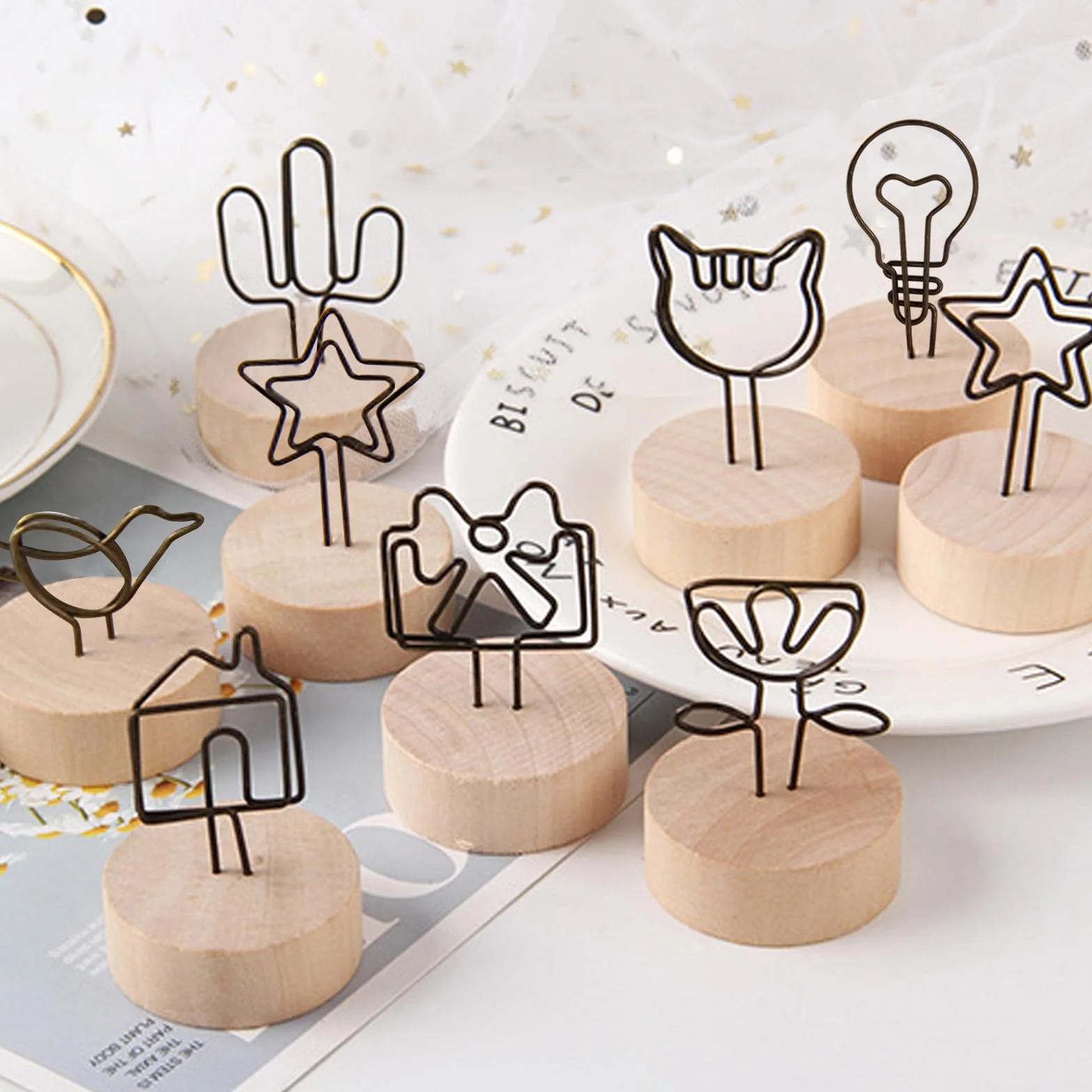 10 Pezzi Segnaposto Matrimonio Piccolo, Segnaposto Tavolo in Legno, Porta Foto, Supporti per Cartellini Segnaposto in Metallo Porta Memo, Memo Clip per Ristoranti, Matrimonio, Compleanno