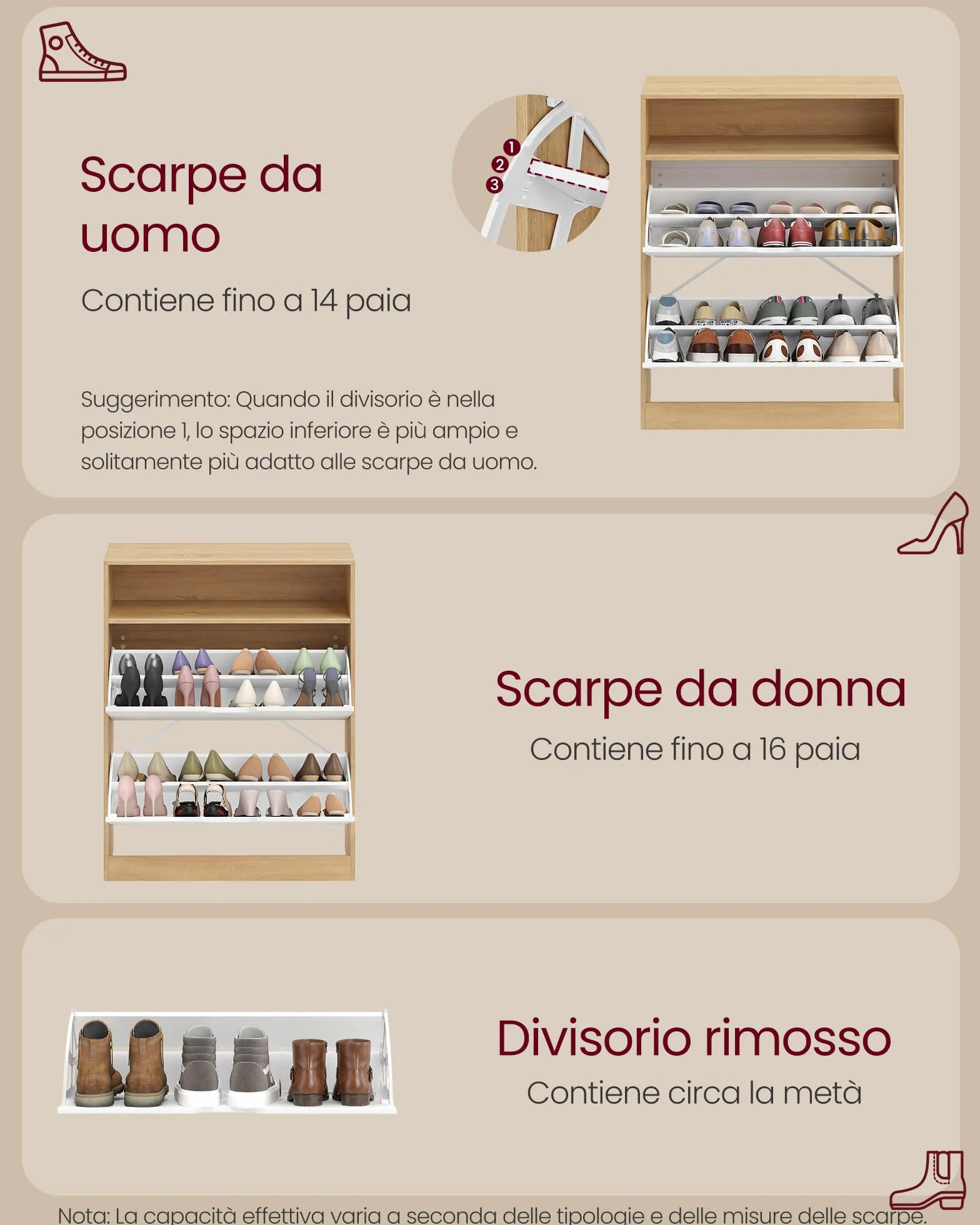 VASAGLE CUSTOS Collezione - Scarpiera, Scaffale Portascarpe, Scomparto Aperto, Divisorio Regolabile, Ingresso, 2 Ante a Ribalta, 24 x 80 x 102 cm, 14-16 Paia, Rovere Dorato e Bianco Nuvola LBC048YA02