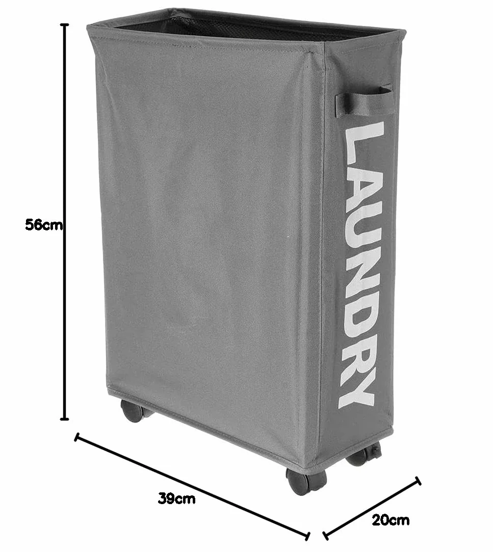 BAKAJI Cesto Porta Biancheria Sporca Portabiancheria Slim Salvaspazio Pieghevole in Tessuto Decorazione Scritta Contenitore con Chiusra a Rete Manico e 4 Ruote Dimensione 39 x 20 x 56 cm (Grigio)