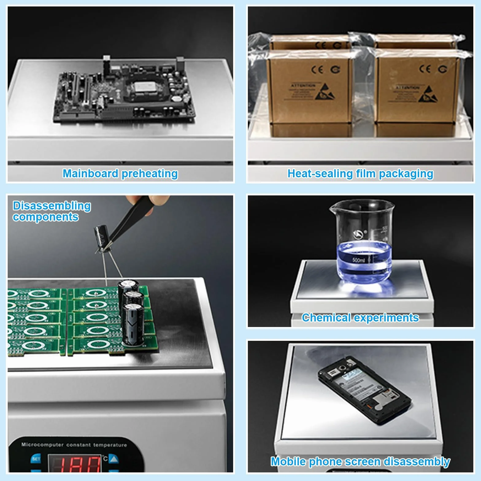 Stazione di Riscaldamento PCB, Piastra di Saldatura 800W, Riscaldatore Elettrico a Microcomputer LED per Preriscaldo Componenti, Stazione di Preriscaldo per Riparazione SMD, 200x200mm (Spina UE)