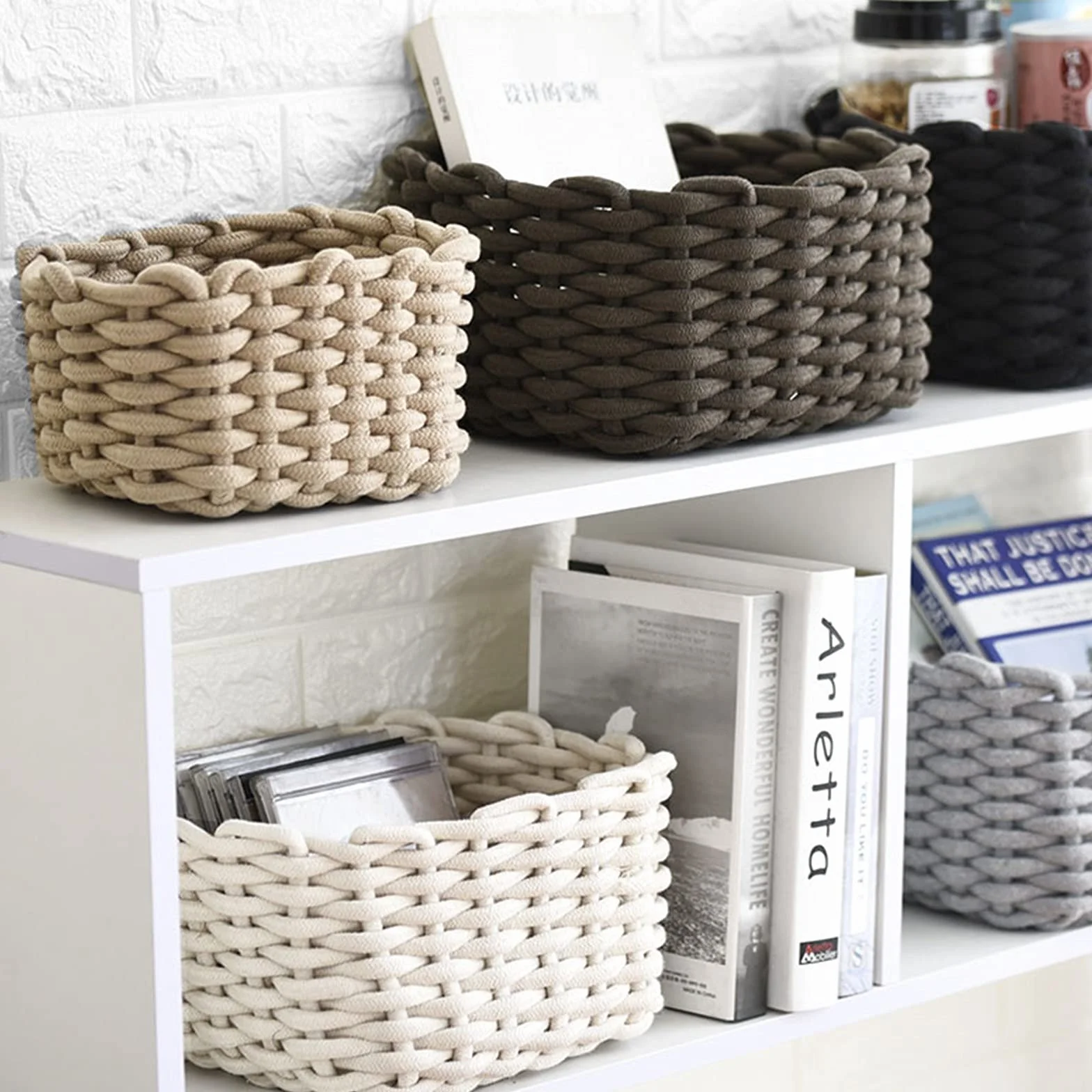 Icegrey Cestini in Corda di Cotone Cesto Contenitore Organizer Cestini Portaoggetti Decorativi Rettangolari Naturali Per Camerette Soggiorno Camera Da Letto Cachi Set di 3