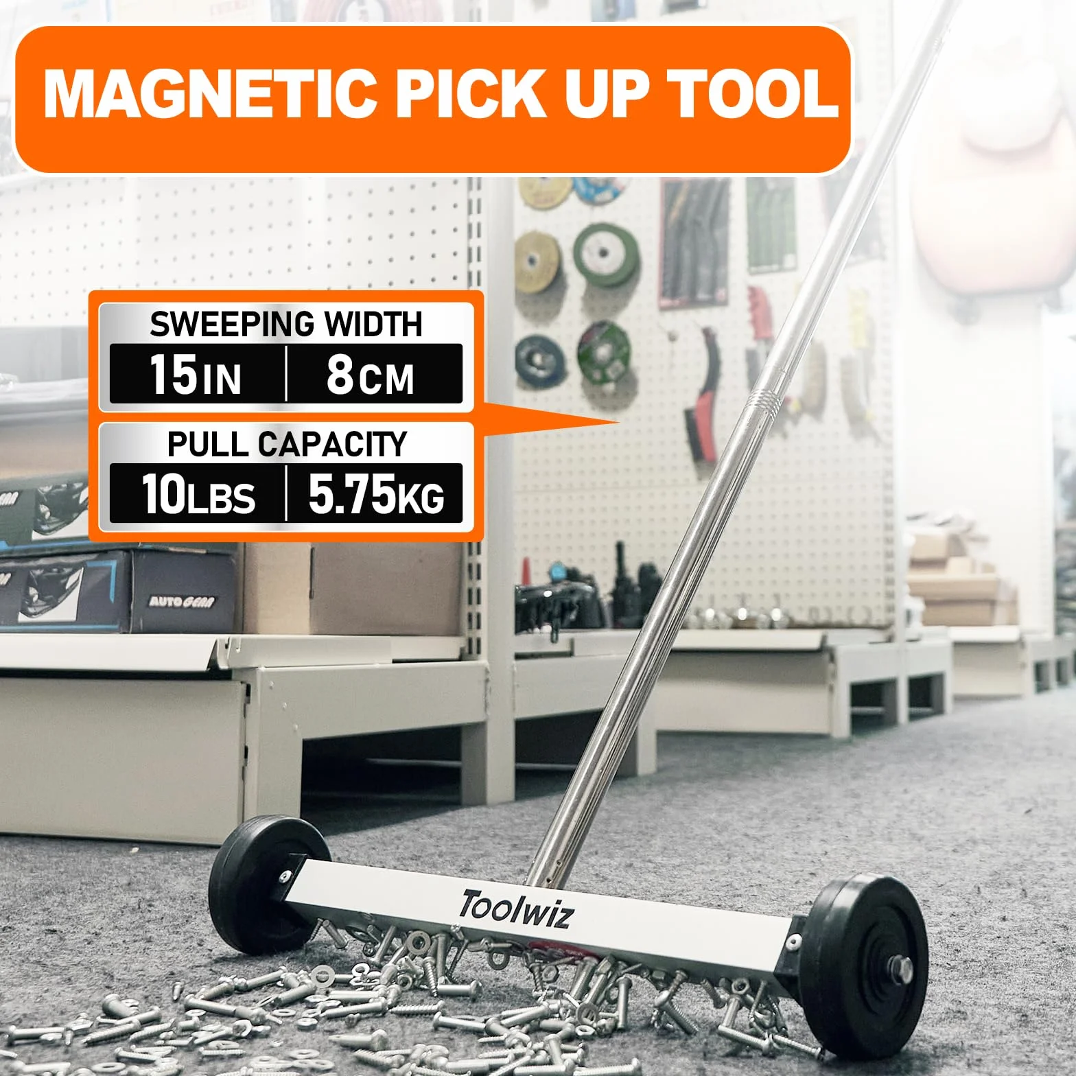 Toolwiz Spazzatrice Magnetica Compatta 38,1 cm - Attrezzo da Copertura per Giardino Strumento multifunzione 4,5 kg con manico telescopico e ruote per raccogliere chiodi