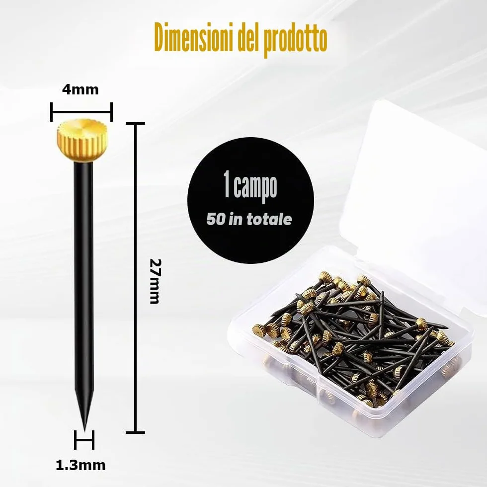 Dreamil Set di 50 chiodi per quadri, in ottone, con contenitore per unghie, per cornici, bacheche, tela (lunghezza 2,5 cm)