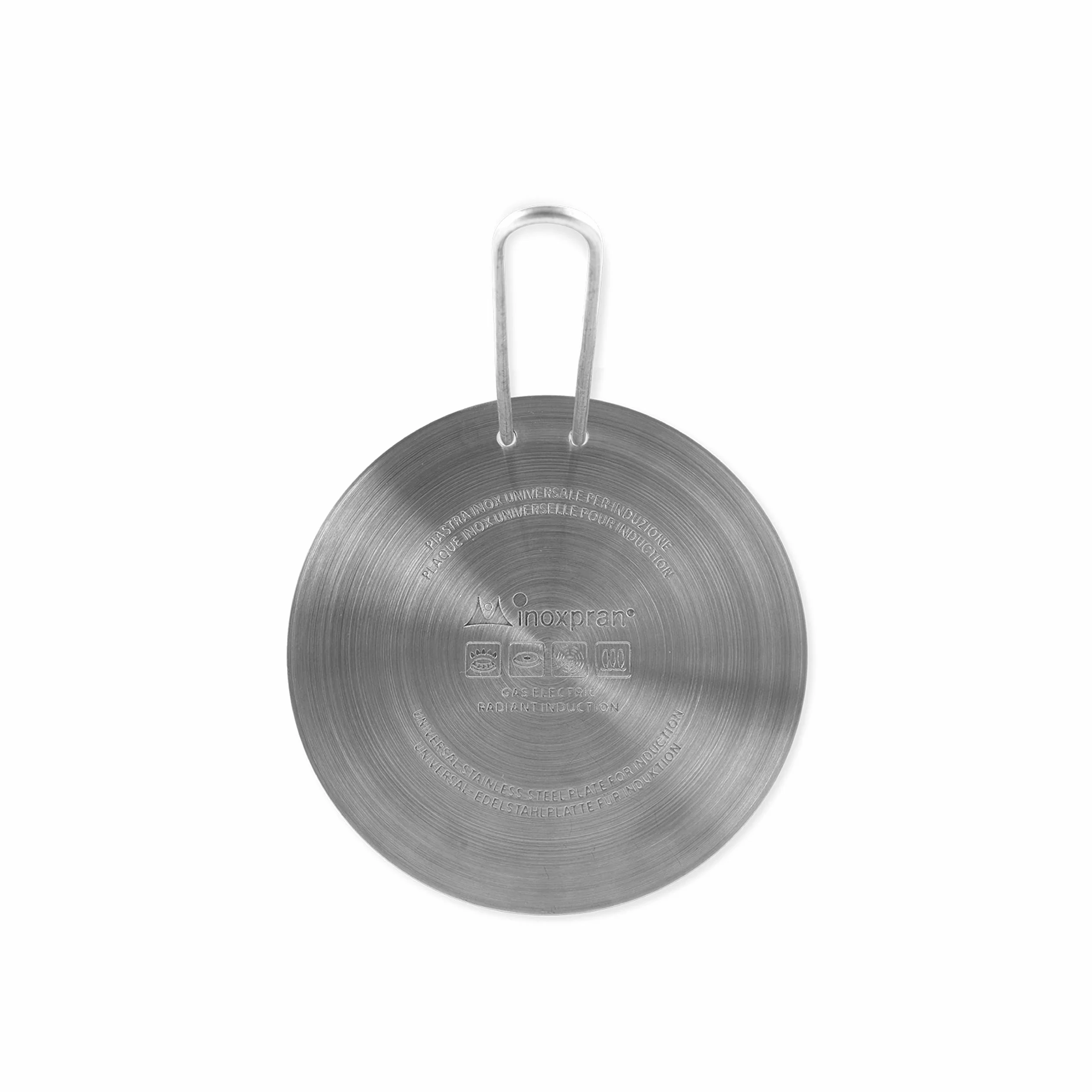 Piastra Universale per Induzione in Acciaio Inossidabile, 16x16x0,5 cm, Piastra Dotata di Manico per Maneggiarla con Cura, Adatta a Tutte le Pentole e Padelle, Pratica e Comoda da Usare