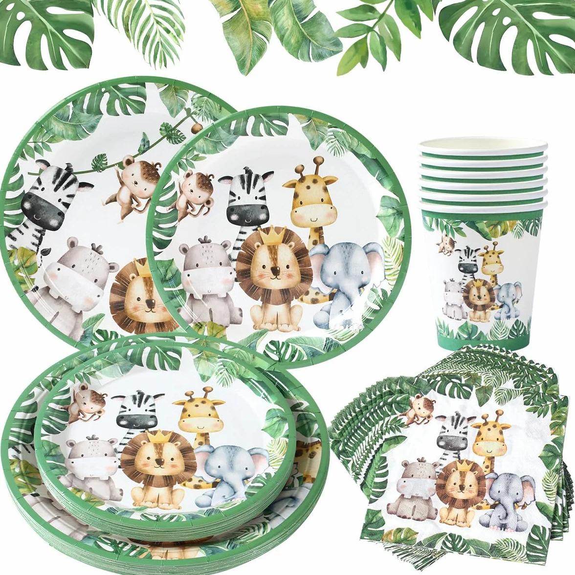 Stoviglie per Feste Animali Giungla 24 Ospiti - 96 pezzi Set da Tavola Tema Jungle
