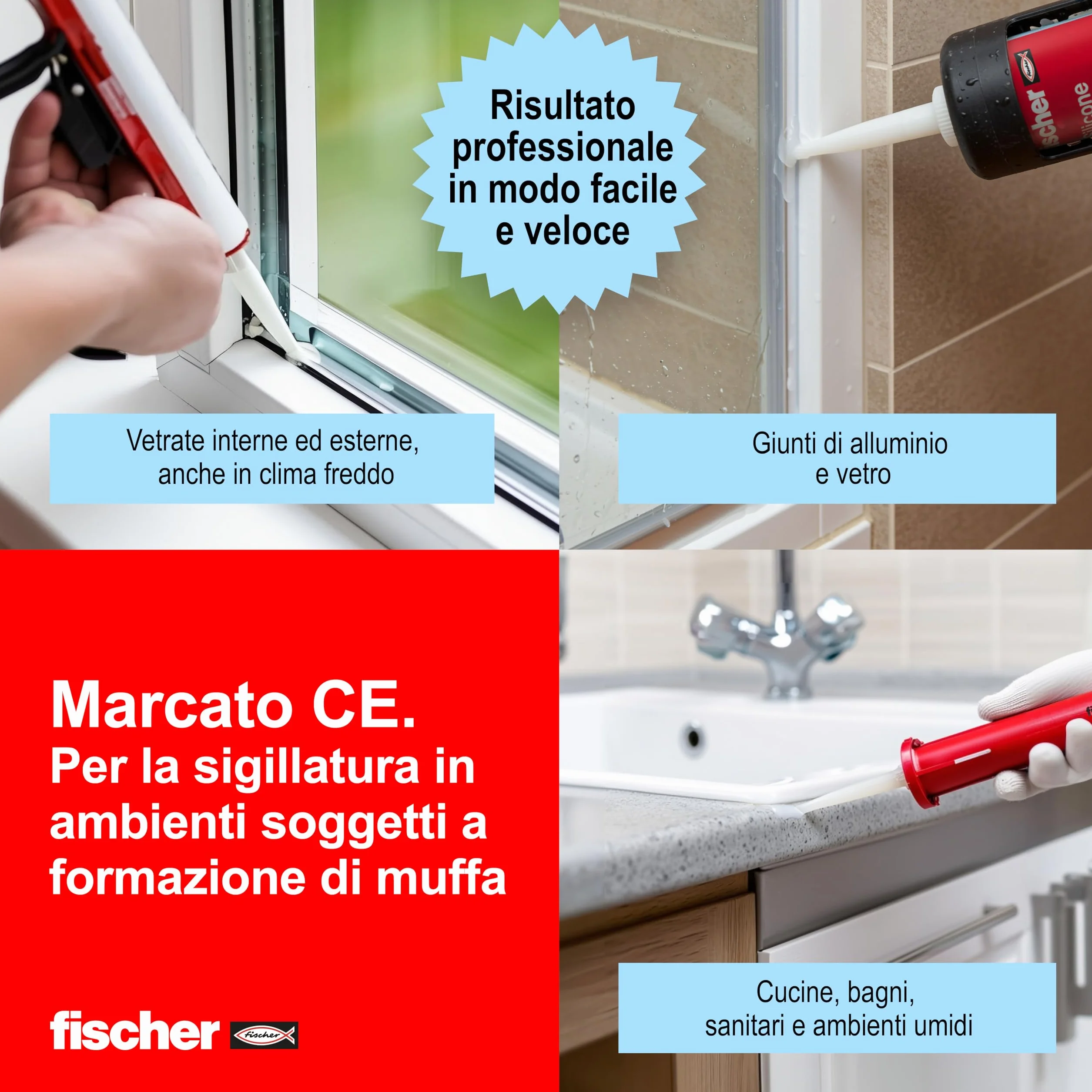 Fischer Silicone Acetico Multiuso SAM 280 Trasparente, Sigillante Antimuffa per Vetro, Alluminio, Smalto, Ceramica, Adatto per Bagno e Cucina, 9351