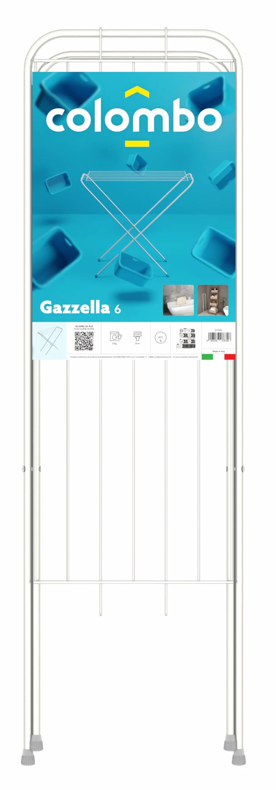 Colombo Stendino Salvaspazio Pieghevole Gazzella | Stendibiancheria in Acciaio Verniciato, Compatto e Leggero da Interno per Spazi Ridotti | 6 Metri di Stenditura | Ultra Slim 1,5 cm | Made in Italy