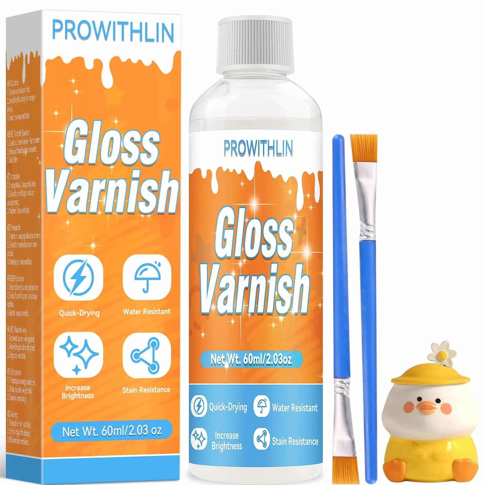 prowithlin - Vernice Trasparente Lucida per Argilla a Secco - Vernice per Ceramica, Legno, Pittura ad Olio - Resistente all'Acqua, Graffi e Usura - 60ml con 2 Pennelli