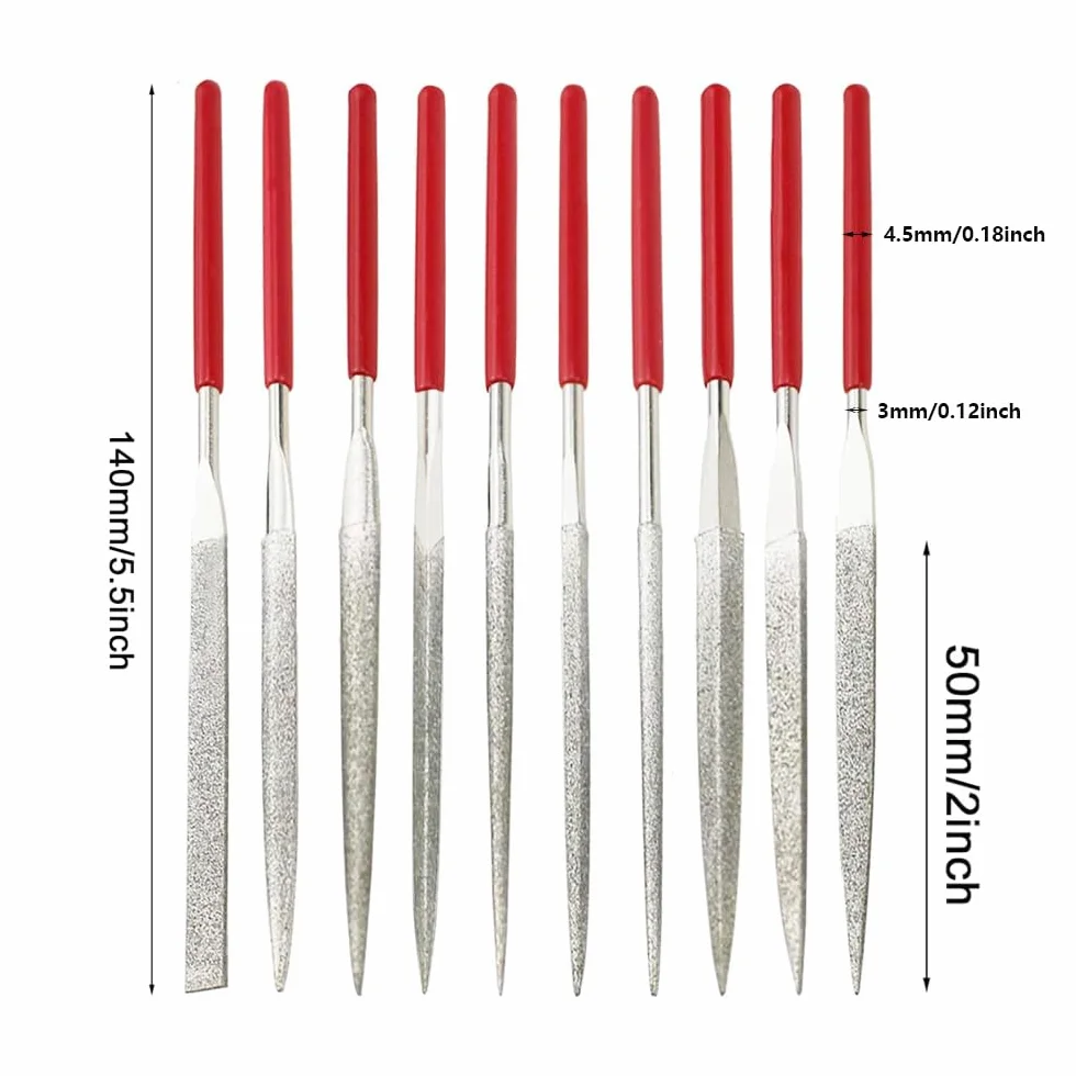 Set di 10 lime ad ago diamantate da 140 mm, mini lime diamantate con varie forme per metallo, vetro, pietra, legno, intaglio di gioielli