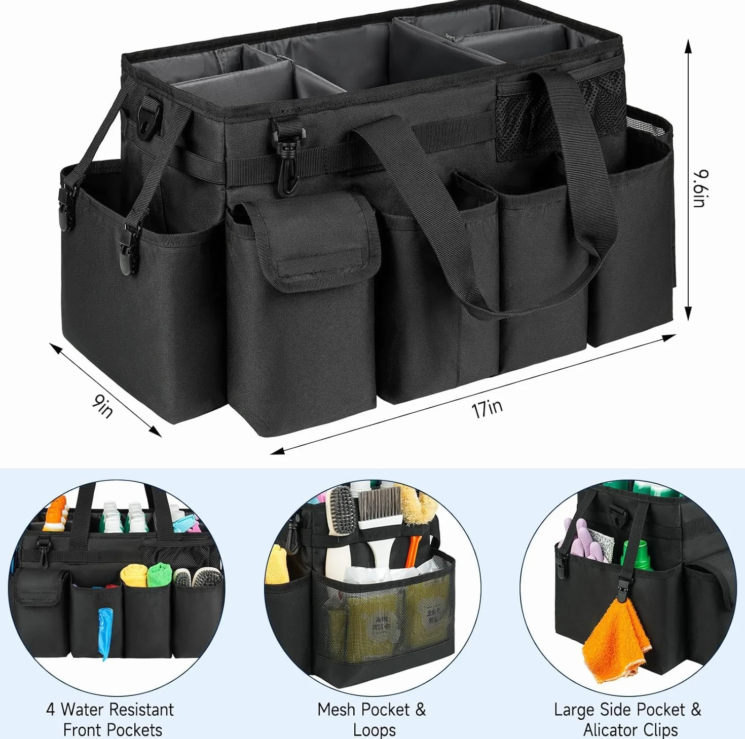 Borsa portaoggetti XL per la pulizia, organizer con manico, nero
