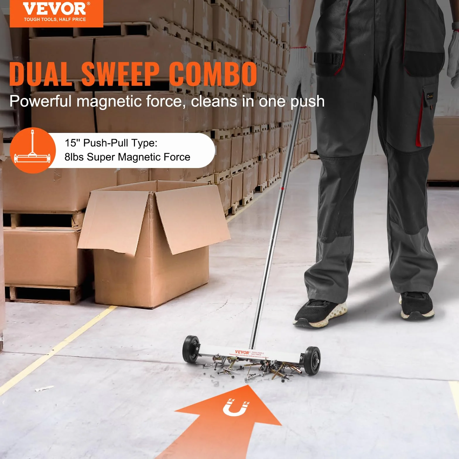 VEVOR Spazzatrice Magnetica 38cm, Maniglia Regolabile, Cap. Max. 3,6kg per Chiodi e Viti, Pulizia Garage Officina