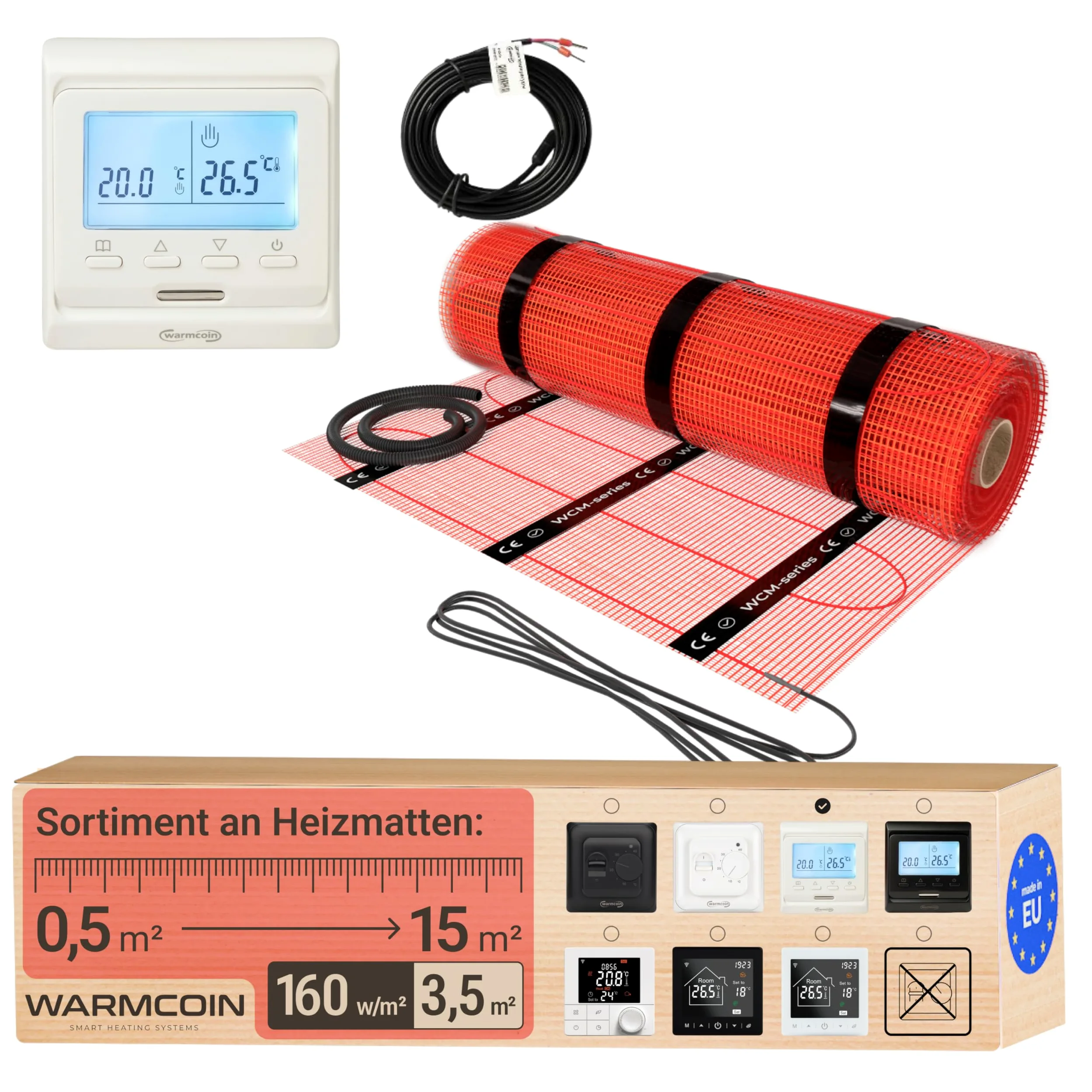Kit Riscaldamento a Pavimento Elettrico 160W/m² – Stuoia Autoadesiva 3,5 m² (0,5x7m) – Piastrelle, Laminato, Vinile – Con Cronotermostato LCD Programmabile W51 Bianco