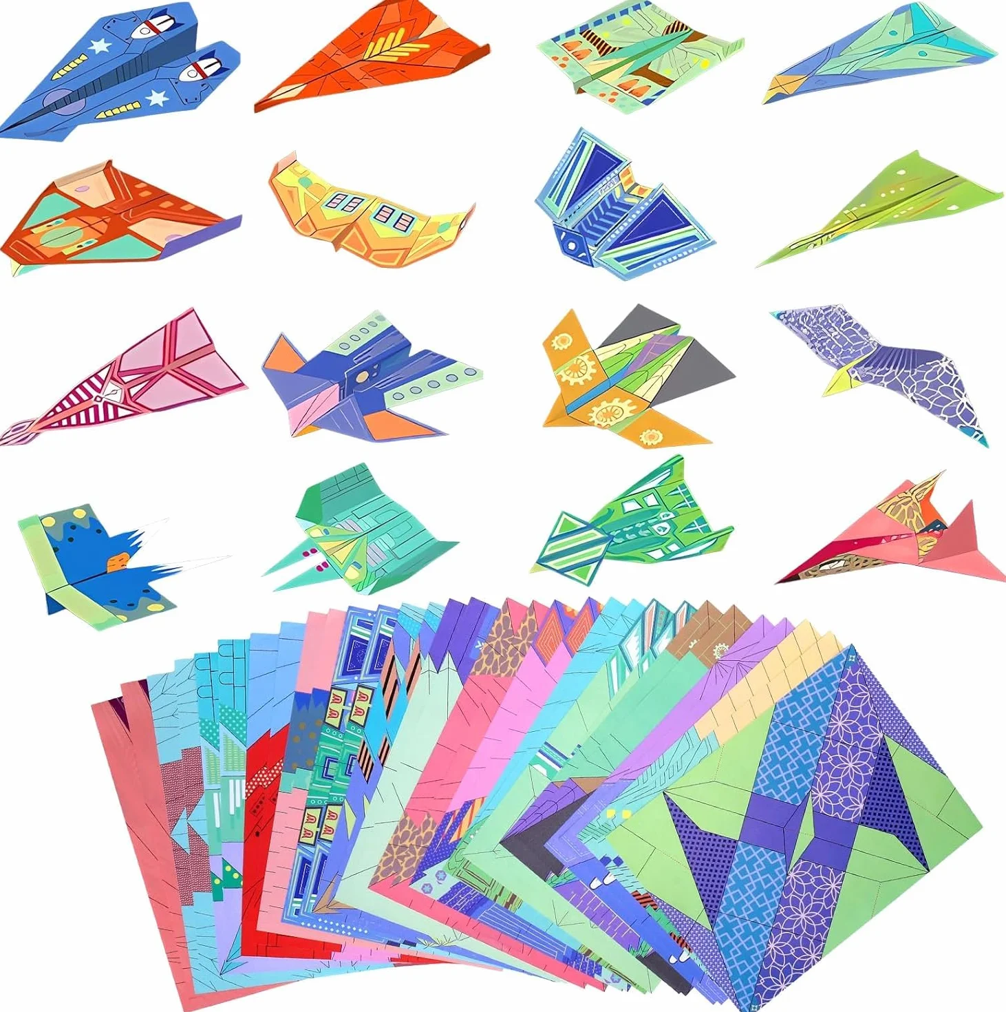 Carta Origami per Bambini, Kit aeroplanino di carta 32 Fogli Aerei di Carta da Piegare e Lanciare Doppia Faccia Fogli Colorati di 16 Bellissimi per Ragazzi e Ragazze dai 5,6 ai 12 Anni