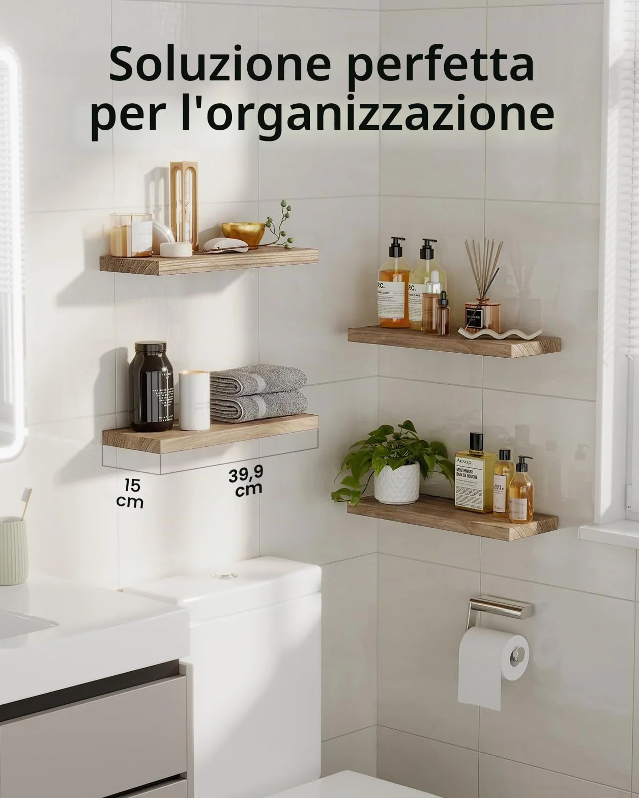 Pipishell Mensola da Muro, Mensola da Parete da 40 cm, mensole cucina in legno di Paulownia, mensole in legno set di 4 per bagno, camera da letto, ufficio, soggiorno, cucina, ecc. (marrone chiaro)