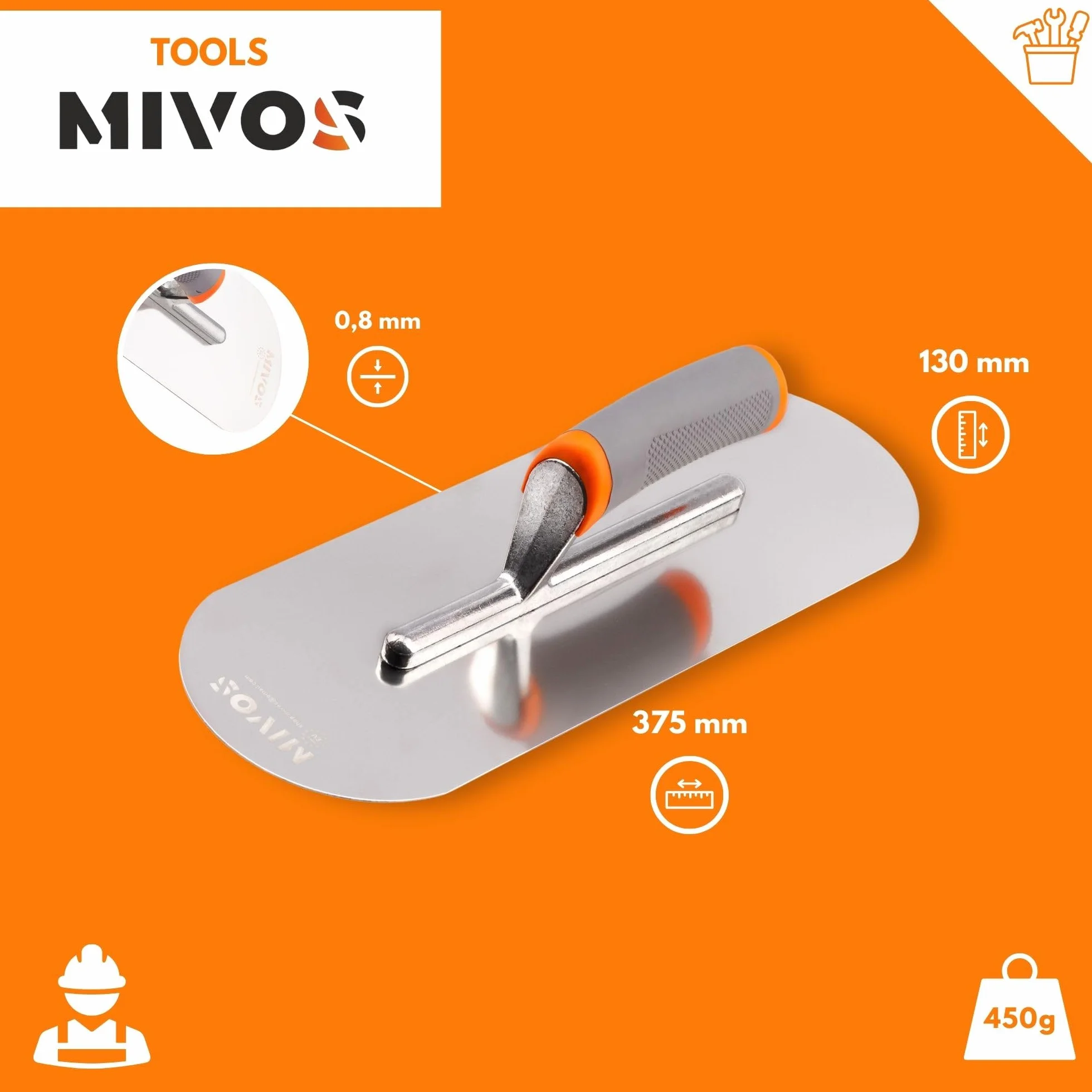 MIVOS Cazzuola in Acciaio inox - 375 x 130 mm - Mezzo Tondo - Impugnatura Ergonomica e Morbida - Tavola Lisciante per intonaco e Muratura - Disco Lisciatore - Made in Ue