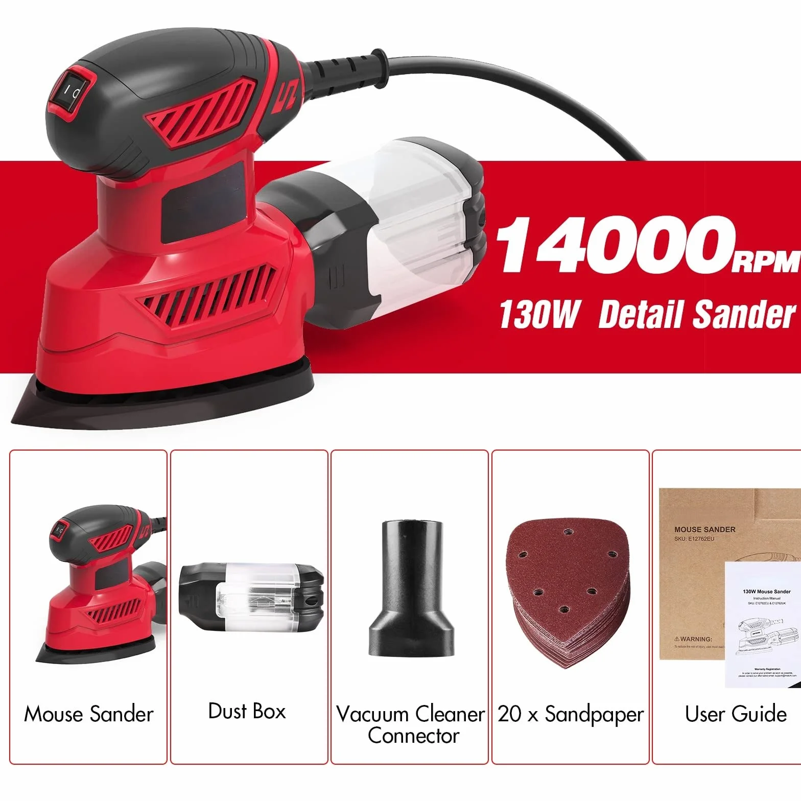 Levigatrice Elettrica 130W 14000RPM Compatta con 20 Pezzi Carta Vetrata Raccolta Polvere
