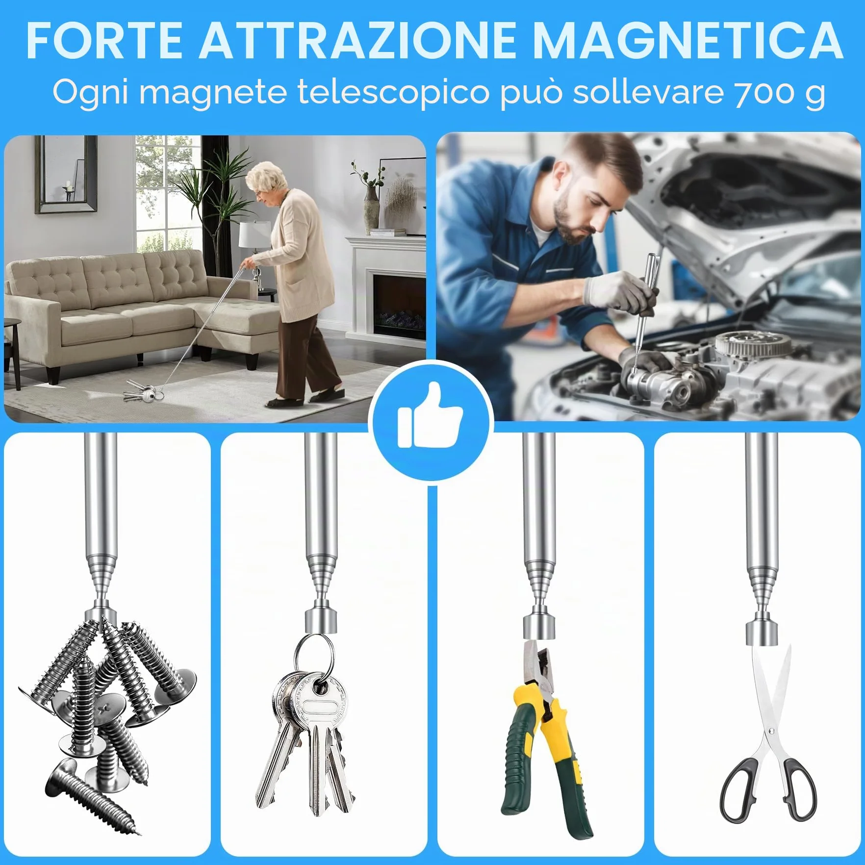 2 Pezzi Asta Magnetica Telescopica, 64 cm Strumento Magnetico in Acciaio Inox, 1,5 LB Calamita Potente Pick Up Tool per Viti, Dadi, Chiavi, Parti Metalliche, a Casa, Auto, Ufficio