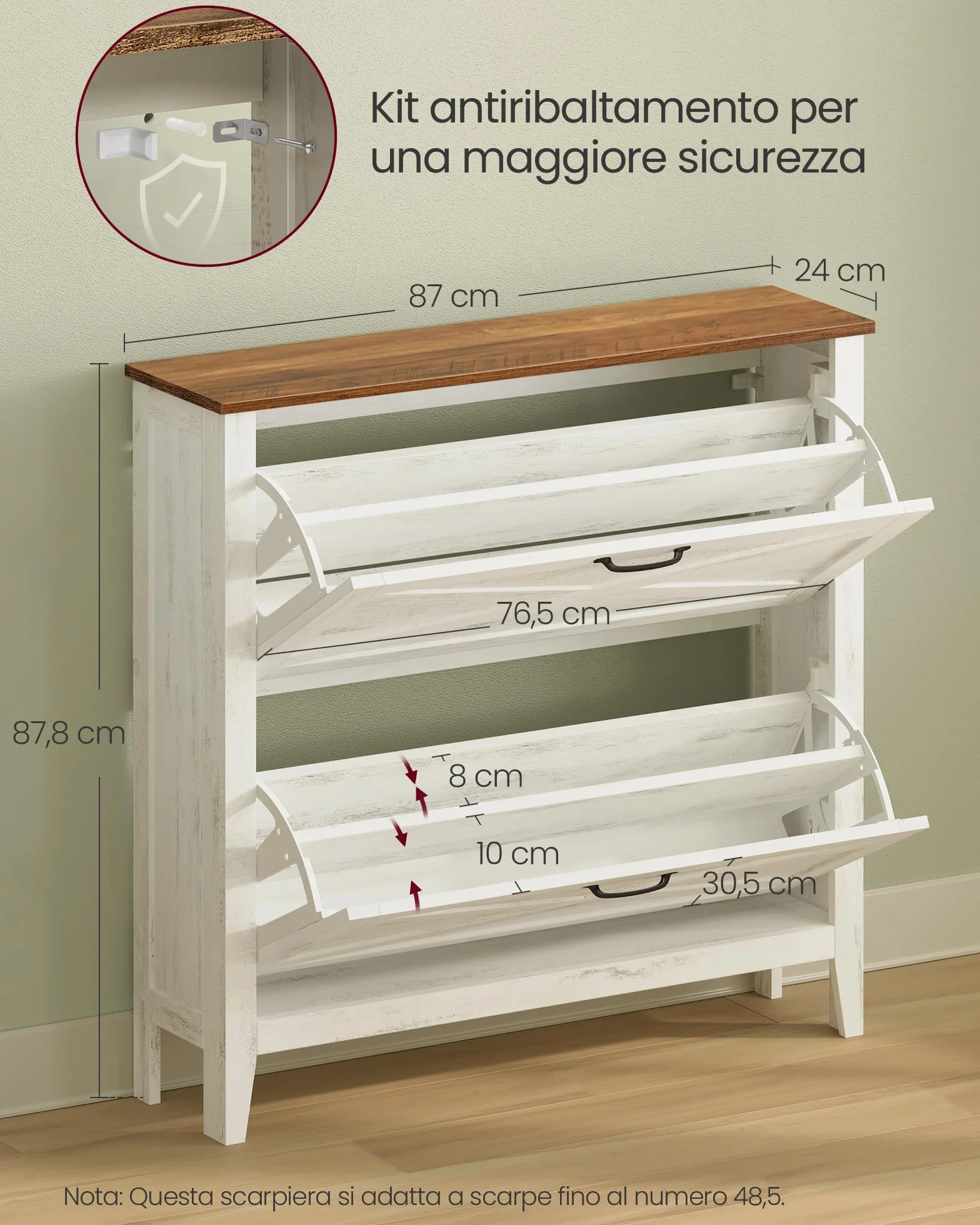 VASAGLE LIRY Collezione - Scarpiera con 2 Scomparti a Ribalta, Scarpiera Ingresso Slim, Stile Farmhouse, per 12-16 Paia di Scarpe, Bianco Vintage HSC201W01