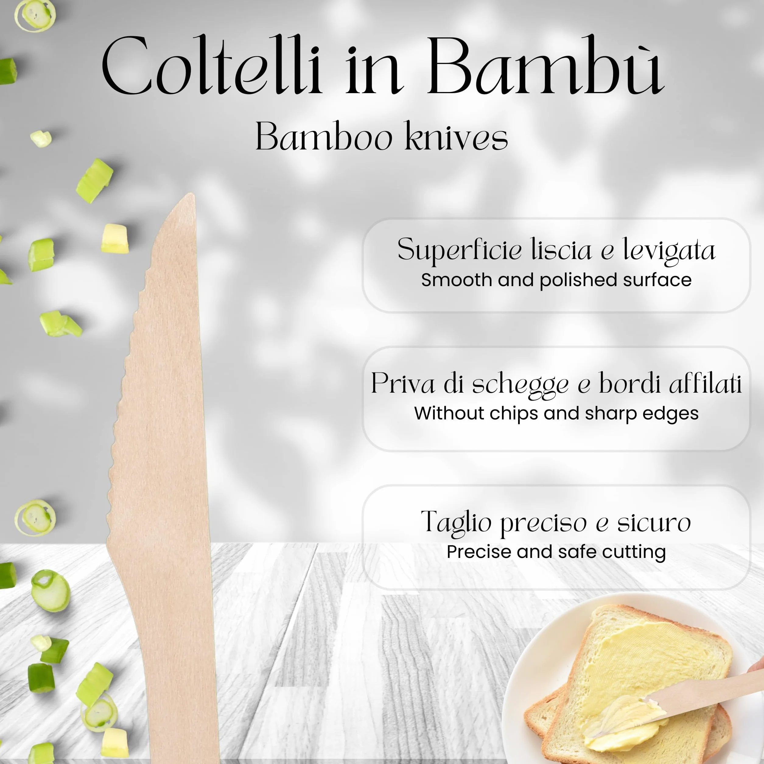 Coltelli Legno Bambù Monouso Ecologici Set 144 Pezzi Posate Biodegradabili