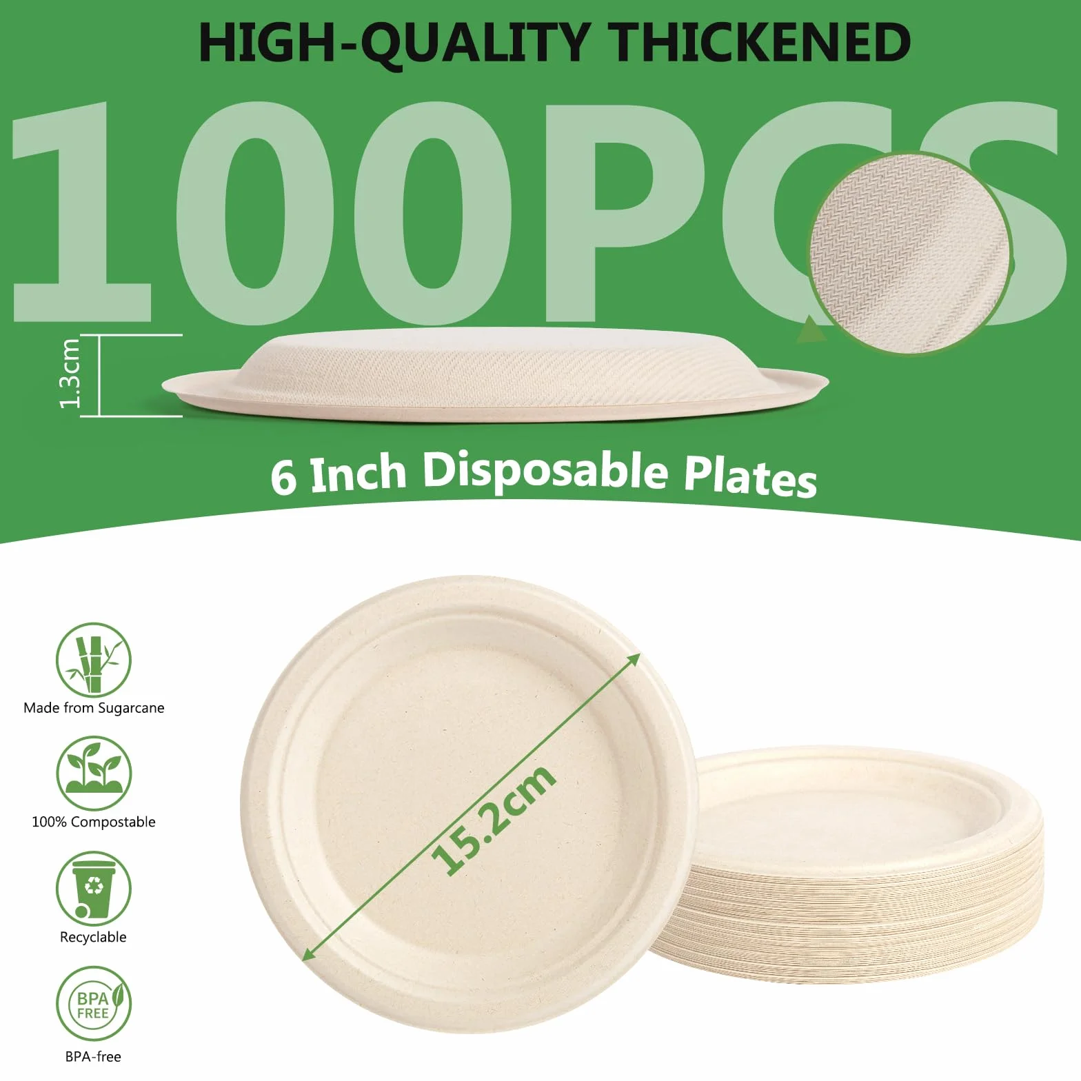 Piatti di Carta 100 Pcs Biodegradabili Compostabili 15.2 cm per Festa Campeggio