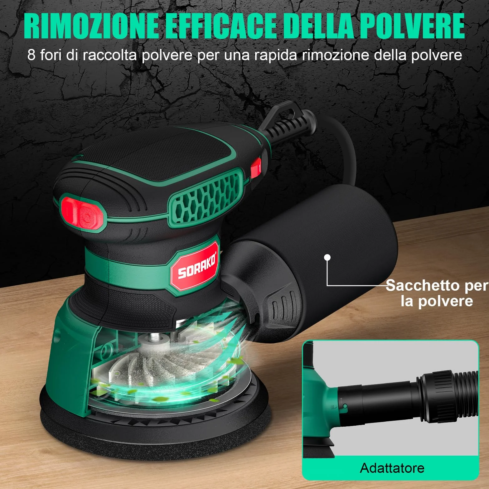SORAKO Levigatrice Orbitale 350W 6 Velocità Regolabili con Raccolta Polvere e Carta Vetrata