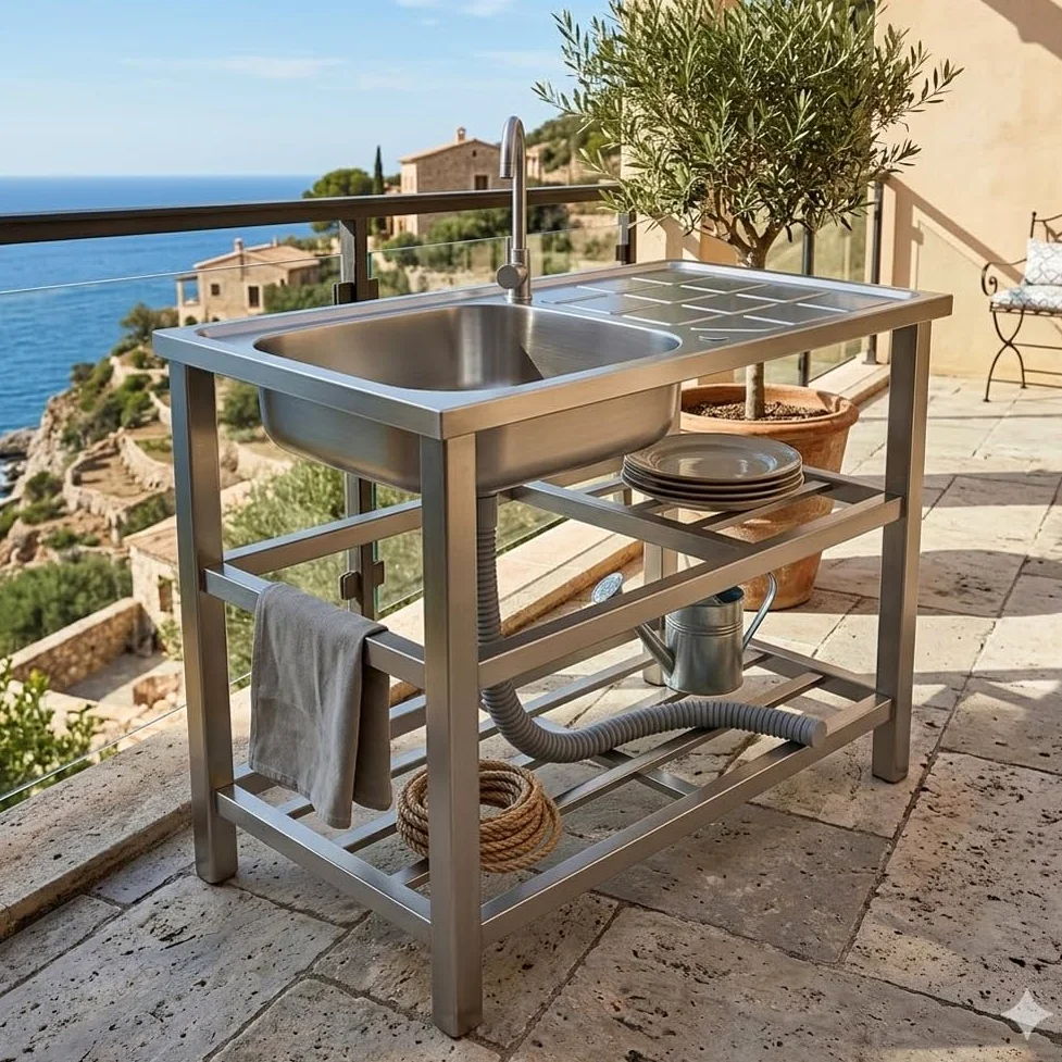 BAKAJI Lavello in Acciaio Inox con Rubinetteria Completa e Kit Sifone Ideale per Esterno, Patio, Giardino, Cucina in Balcone e Veranda, Lavandino con Ripiani Portaoggetti e Accessori, 75 x 40 x 80 cm