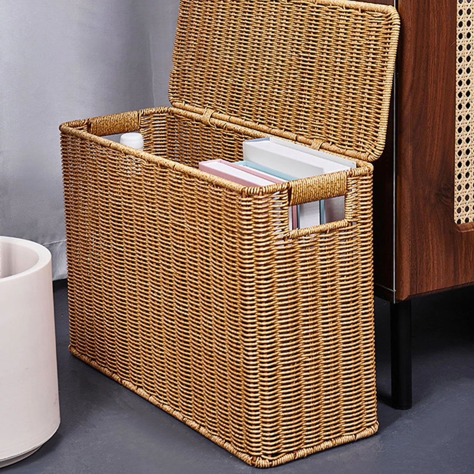 Gralara Cestino Stretto Portaoggetti, Cestino Portaoggetti Intrecciato in PP, Porta Riviste per Cucina, Camera da Letto, Cameretta, Salotto e Ufficio, S (38 x 15 x 27 Cm)