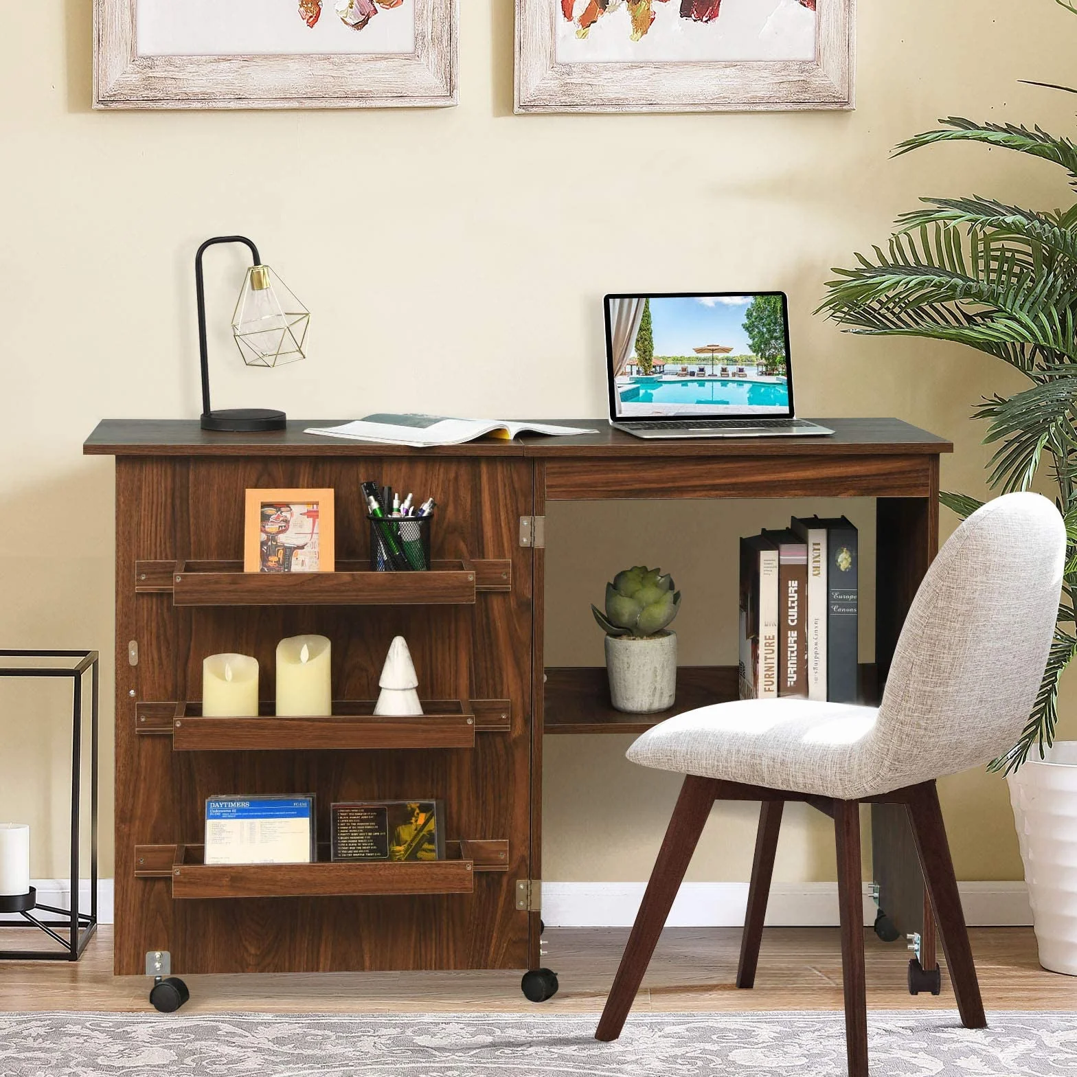 RELAX4LIFE Mobiletto per Macchina da Cucire Pieghevole su Ruote Bloccabili, Tavolo da Cucito in Legno con Ripiani Portaoggetti, Tavolino Cucito Multiuso da Studio e Salotto, 117,5x 40x 77cm (Marrone)