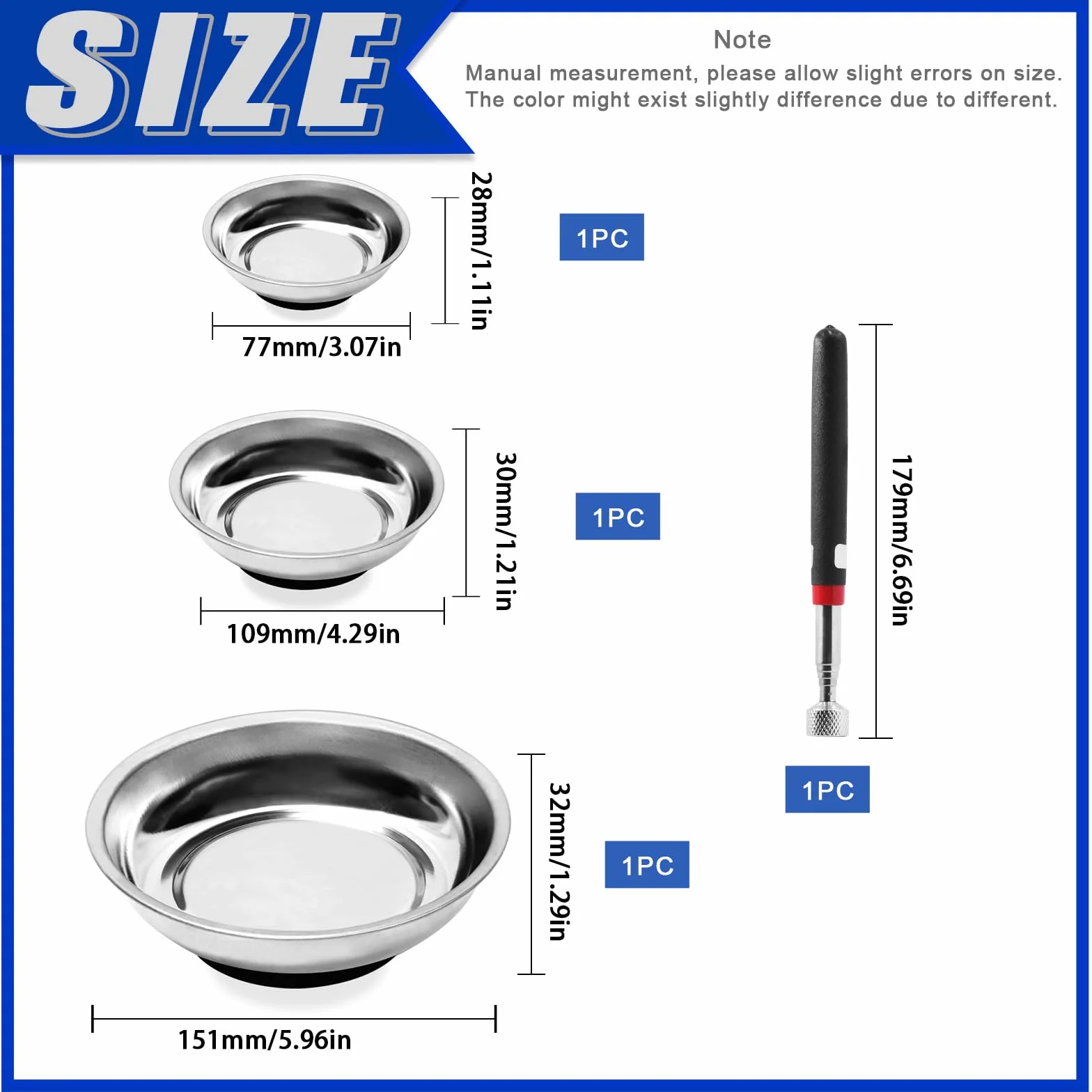 Glarks 4 vassoi magnetici per attrezzi con set di strumenti magnetici, 3 "4" 10,2 cm 15,2 cm ciotole magnetiche rotonde strumenti vassoio supporto e 4,5 kg telescopico magnete Pickup Stick per presa