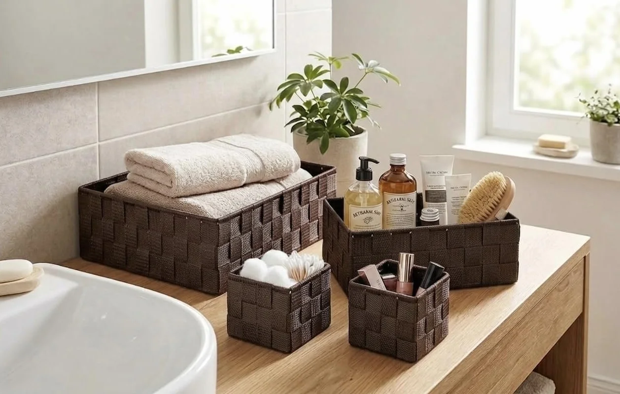 OCEANO Set 4 Cestini Portaoggetti Intrecciati Organizer Bagno e Cassetti Scatole Salvaspazio in Tessuto per Trucchi Asciugamani Accessori (Marrone)