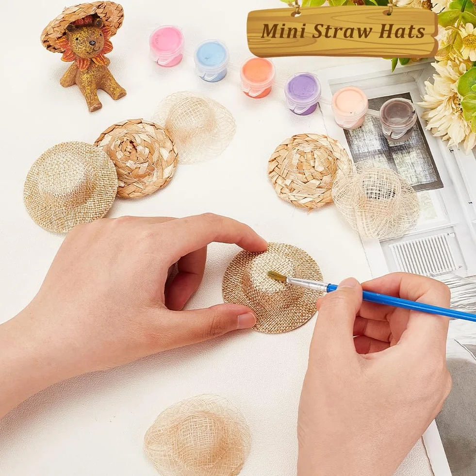 AHANDMAKER 30 mini cappelli di paglia per bricolage, cappelli di paglia per bambole, ornamenti, cappelli di paglia per bambole, tappi in tessuto per decorazioni di abbigliamento, accessori per