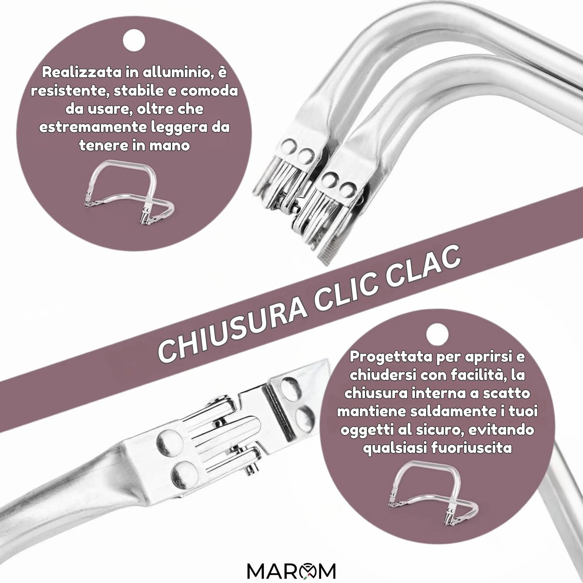 MAROM - Chiusura Borsa Uncinetto A Molla in Alluminio, 4 Manici per Borse Uncinetto Fai da Te 16cm, 18cm, 20cm e 22cm + EBOOK in Omaggio sulla Creazione della Tua Clutch Bag