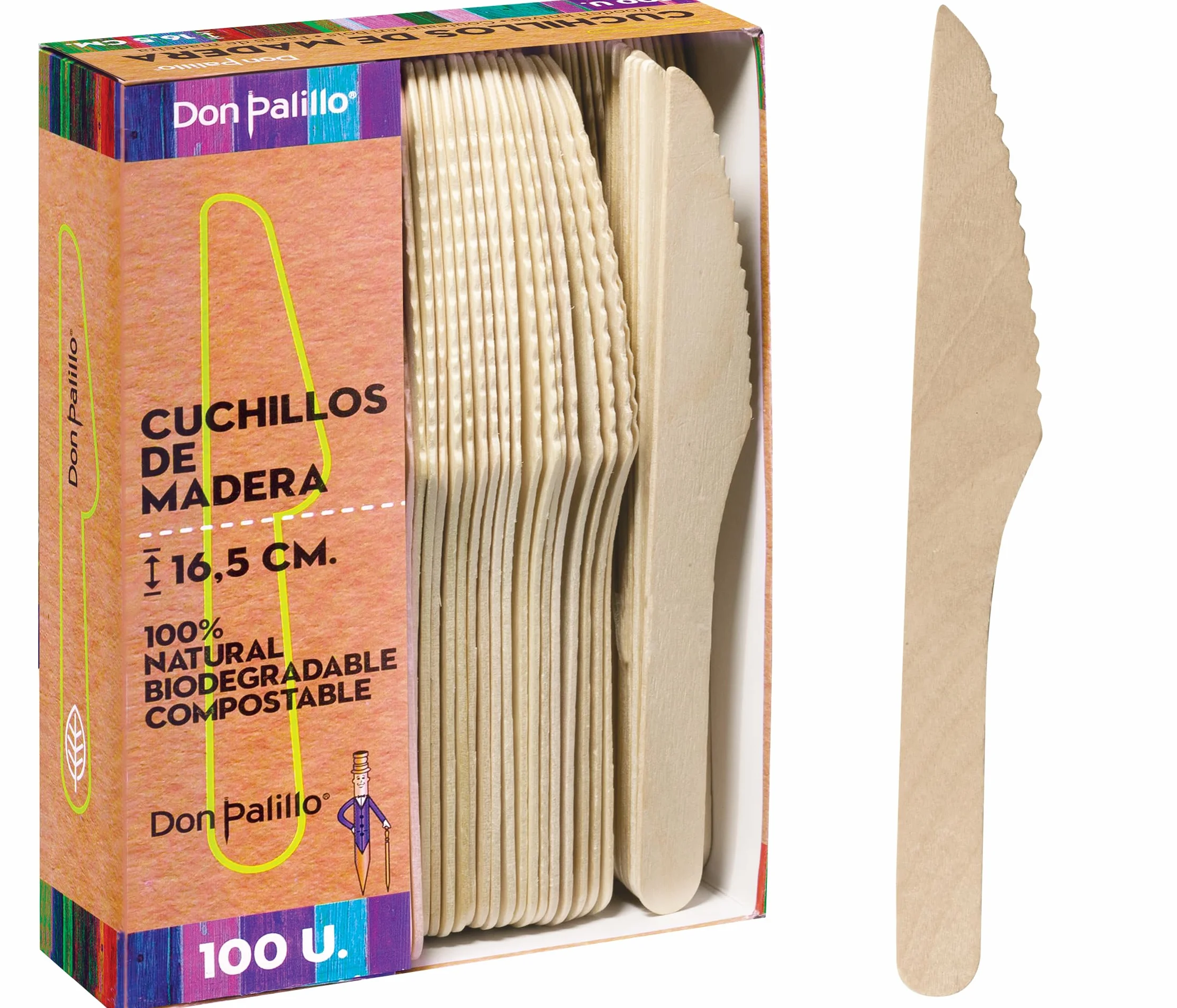 100 coltelli monouso in legno da 16,5 cm. 100% naturale, ecologico e biodegradabile