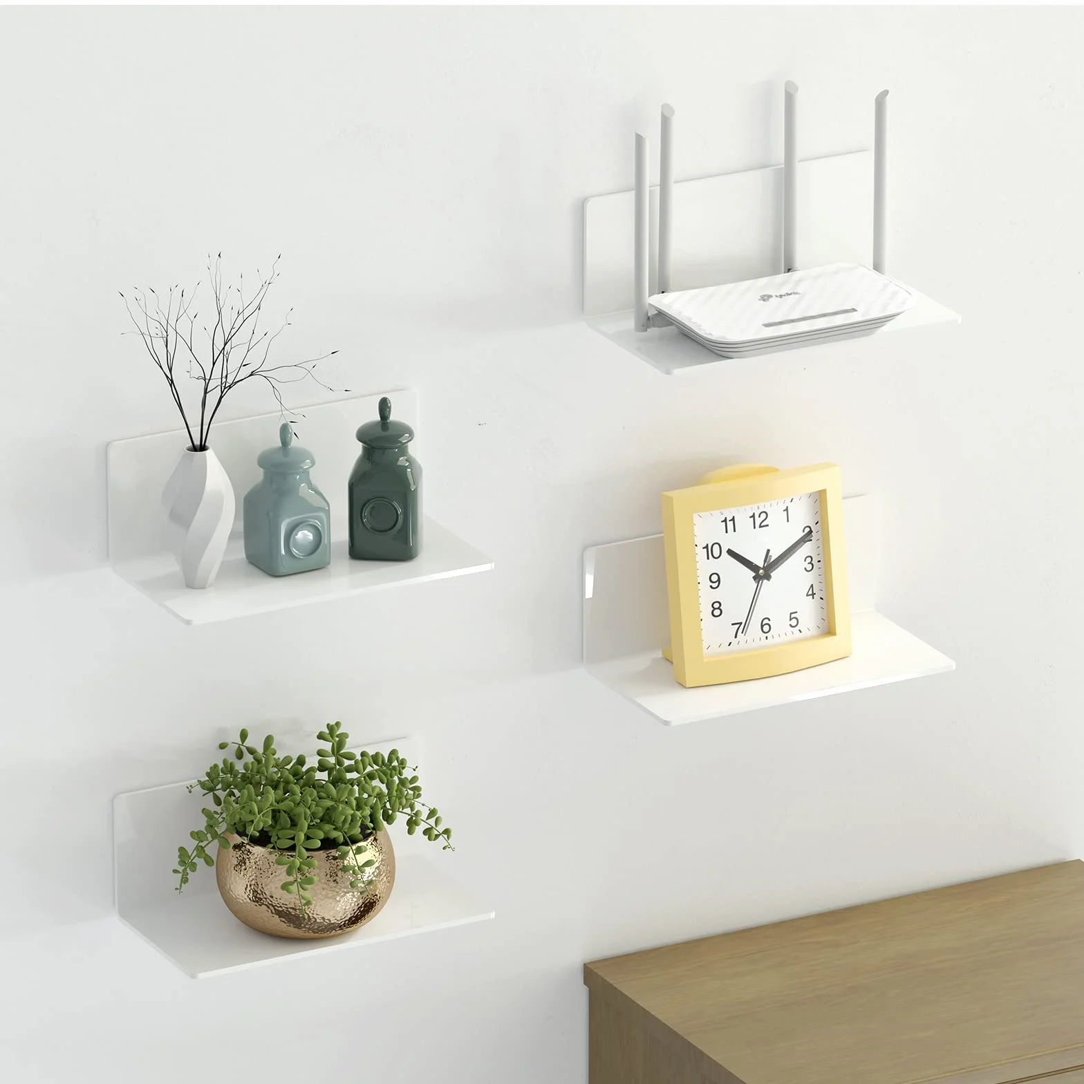 Toski Set di 2 mensole autoadesive da parete, senza foratura, larghezza 23 cm, in acrilico, per bagno, soggiorno, camera da letto, cucina, ufficio, bianco