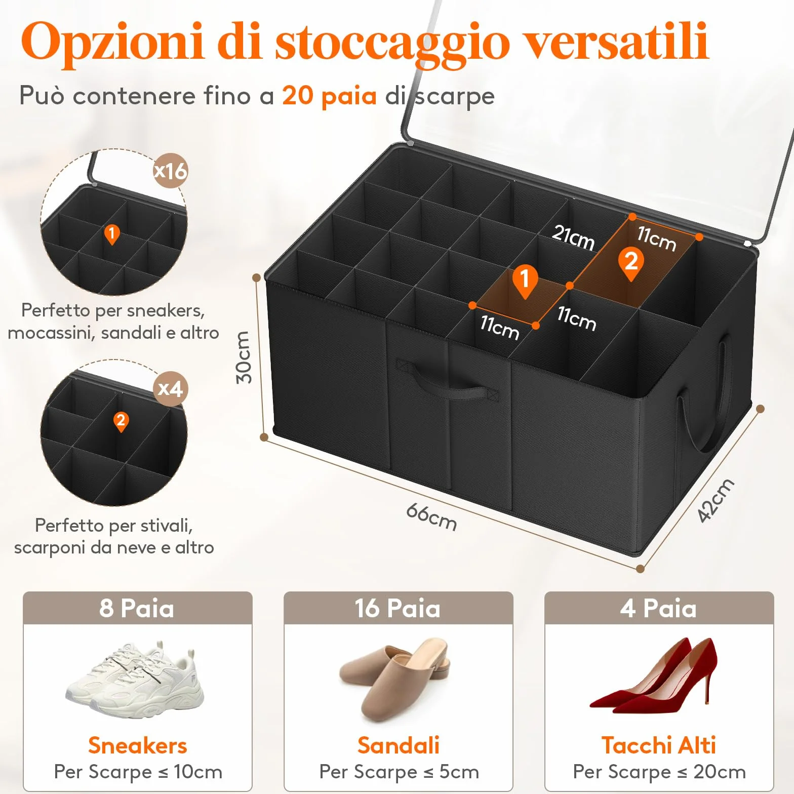Lifewit Grandi Scatole Porta Scarpe per 10-20 Paia, Organizer Scarpe Pieghevole per Armadio con Coperchio Trasparente, Base Rinforzata per Stivali, Tacchi e Sneakers, Nero