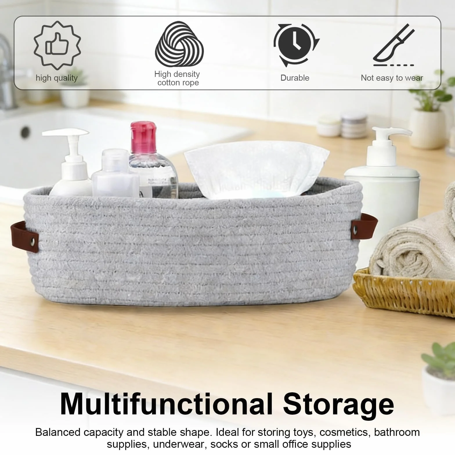 Organizer Bagno Portaoggetti Cestino Corda Cotone 35x15x10 cm Grigio