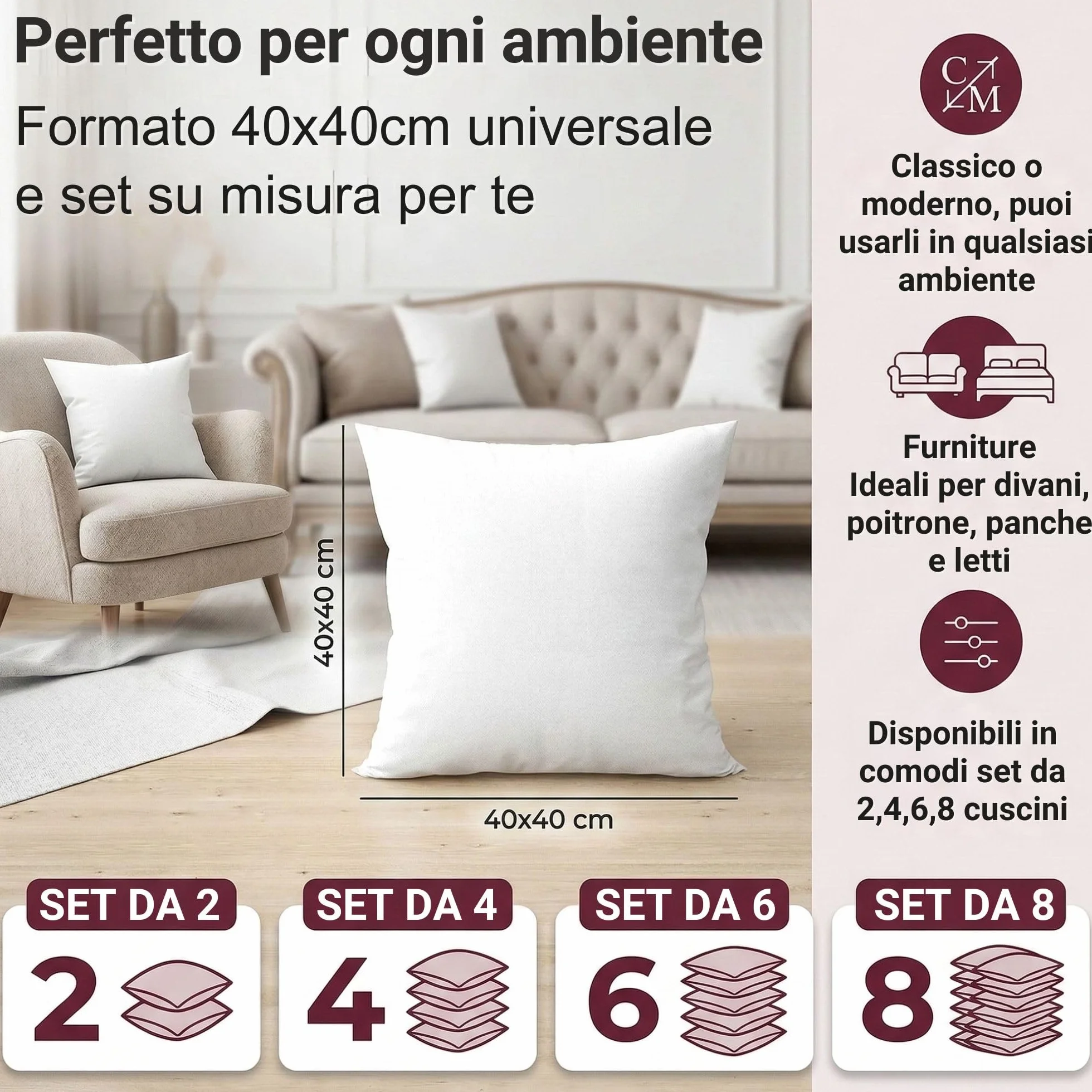 Set 4 Imbottitura Cuscini 40x40 cm, Morbida Made in Italy