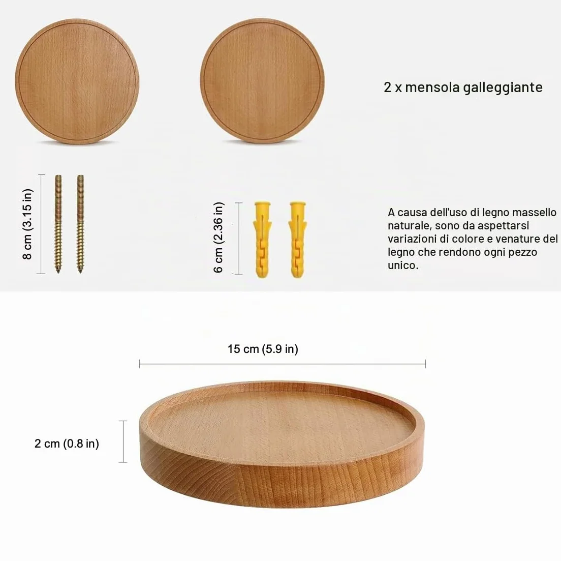 Coracle - Scaffali da Parete Rotondi galleggianti, Decorazione per Pannelli di Legno, per Foto, Piante, Candela, Esposizione, Design Moderno, Confezione da 2 (Diametro Ø15 cm)