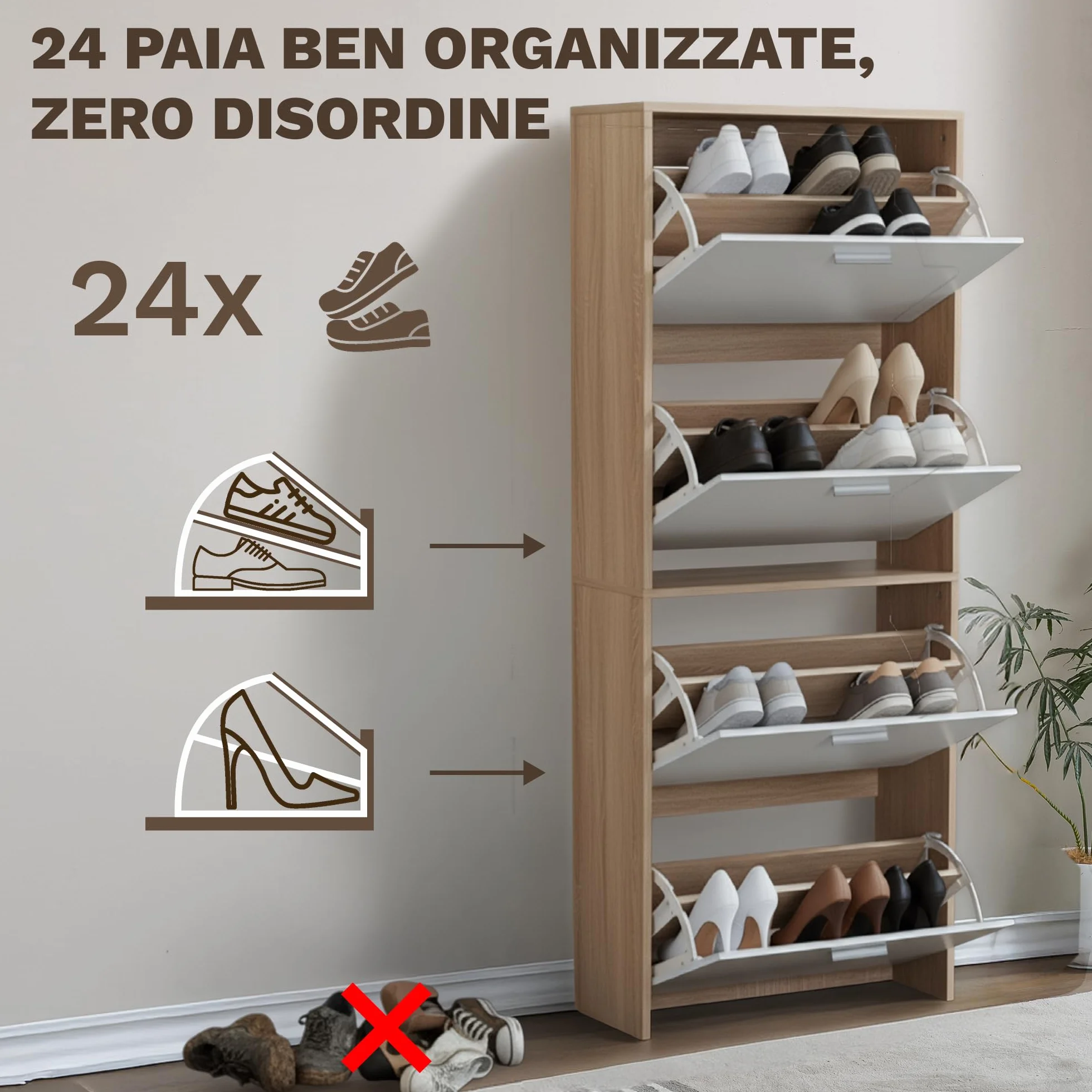 CATAVANA Scarpiera salvaspazio slim 60 cm in legno bianco, scarpiera da ingresso con 4 ante, scarpiera 24 paia, design moderno alto e stretto, ideale come portascarpe ingresso