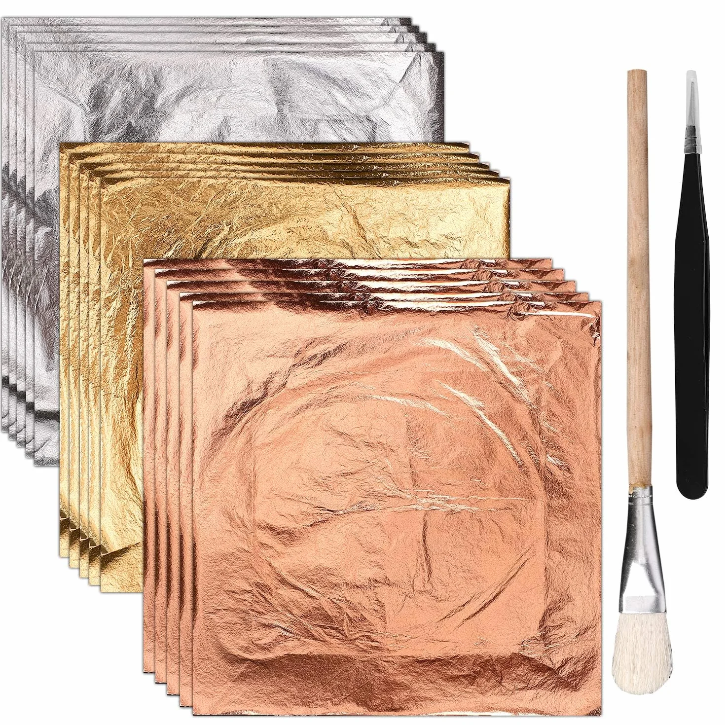 150 Pz Foglia d'Oro, Fogli di Foglia d'Oro per l'Arte in 3 Colori Fogli di Lamina d'Oro Imitazione con Pinzette e Pennello Lamina d'Oro per Arte Artigianato Confezione Regalo