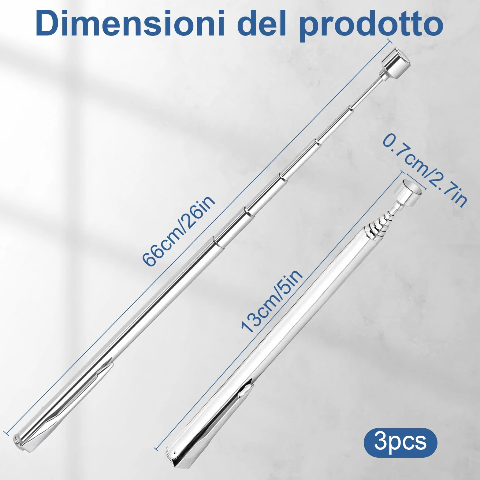 3 magneti telescopici in acciaio inox, estensibili fino a 64 cm, asta telescopica magnetica per bulloni, dadi, viti, parti metalliche