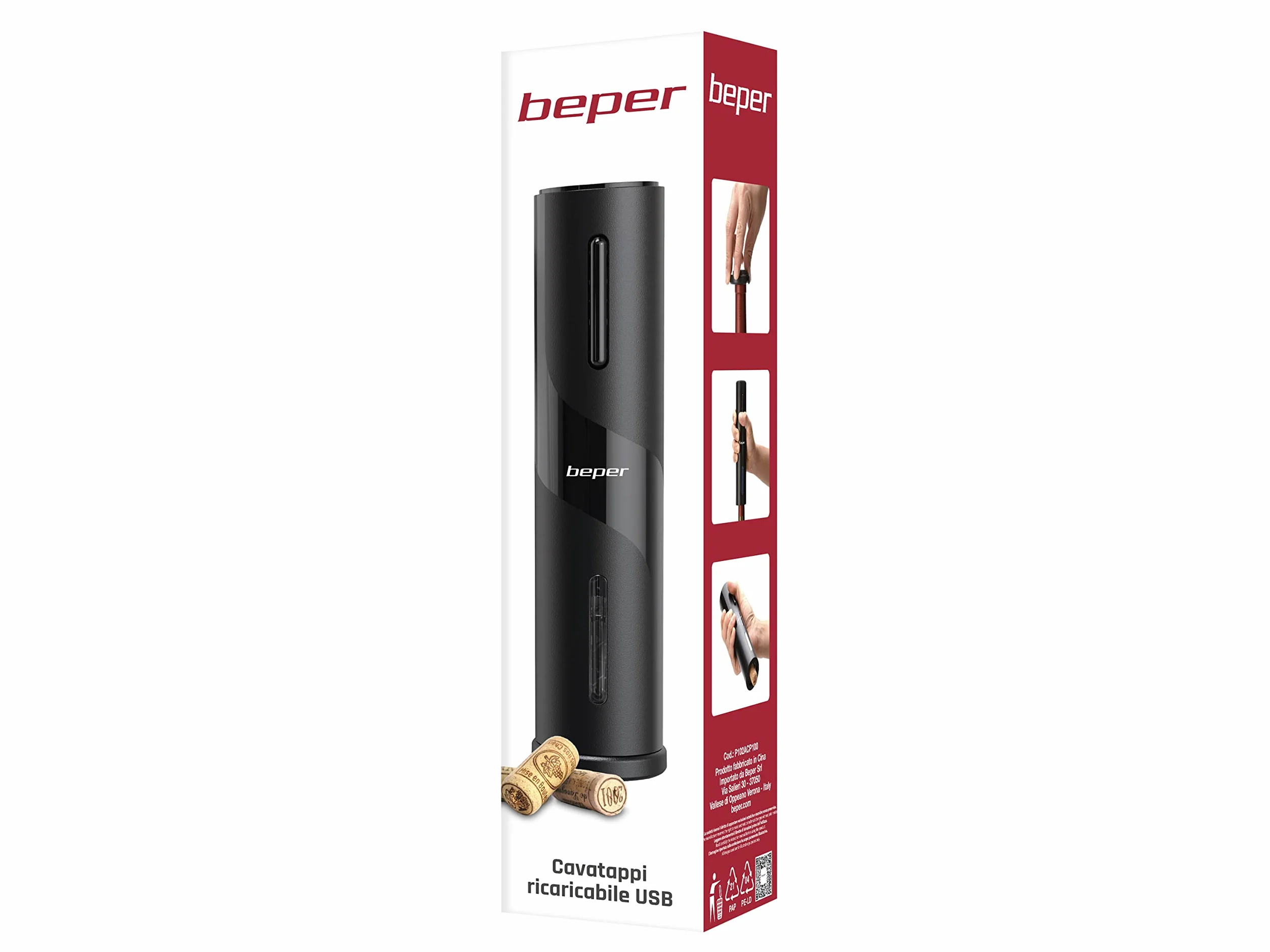 BEPER P102ACP100 Cavatappi Elettrico con Taglia Capsule per Bottiglie di Vino - Stappa Bottiglie Elettrico Ricaricabile con Cavo USB